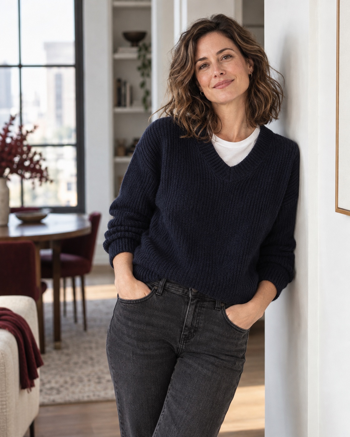 Woman around 40 in an indigo knit, white tee and charcoal jeans leaning against a white wall in a bright apartment.