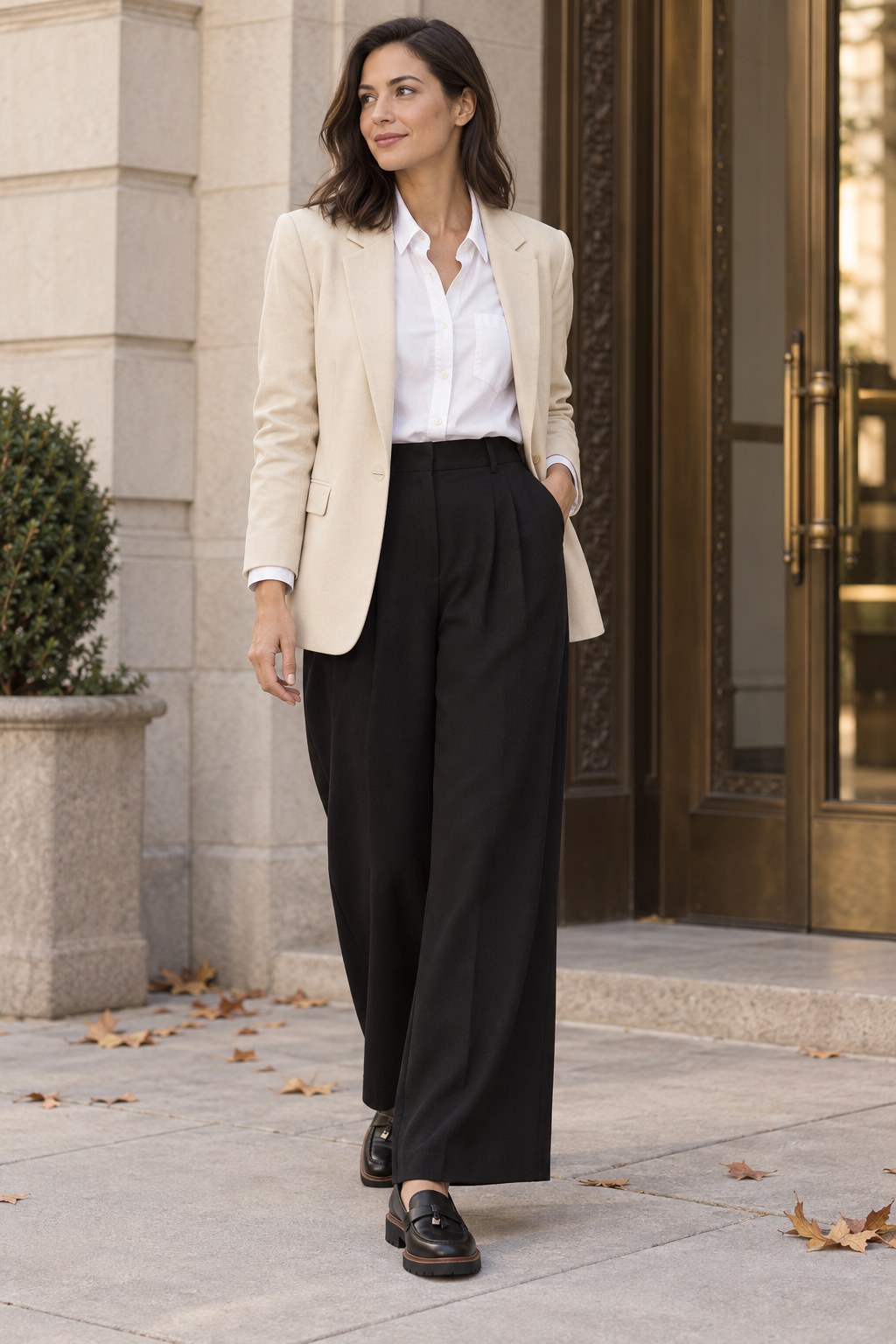 A woman in a beige blazer, white shirt, black wide-leg trousers and black loafers on a city sidewalk