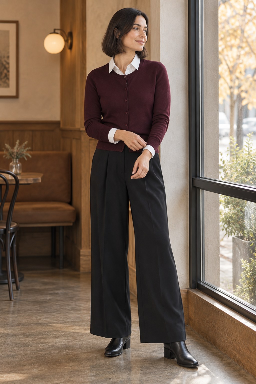A woman in a burgundy cardigan over a white shirt, black wide-leg trousers and black ankle boots in a cafe