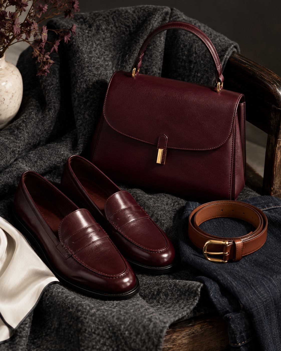 Wine-colored structured bag, burgundy loafers and a cognac belt arranged on charcoal wool and dark denim.