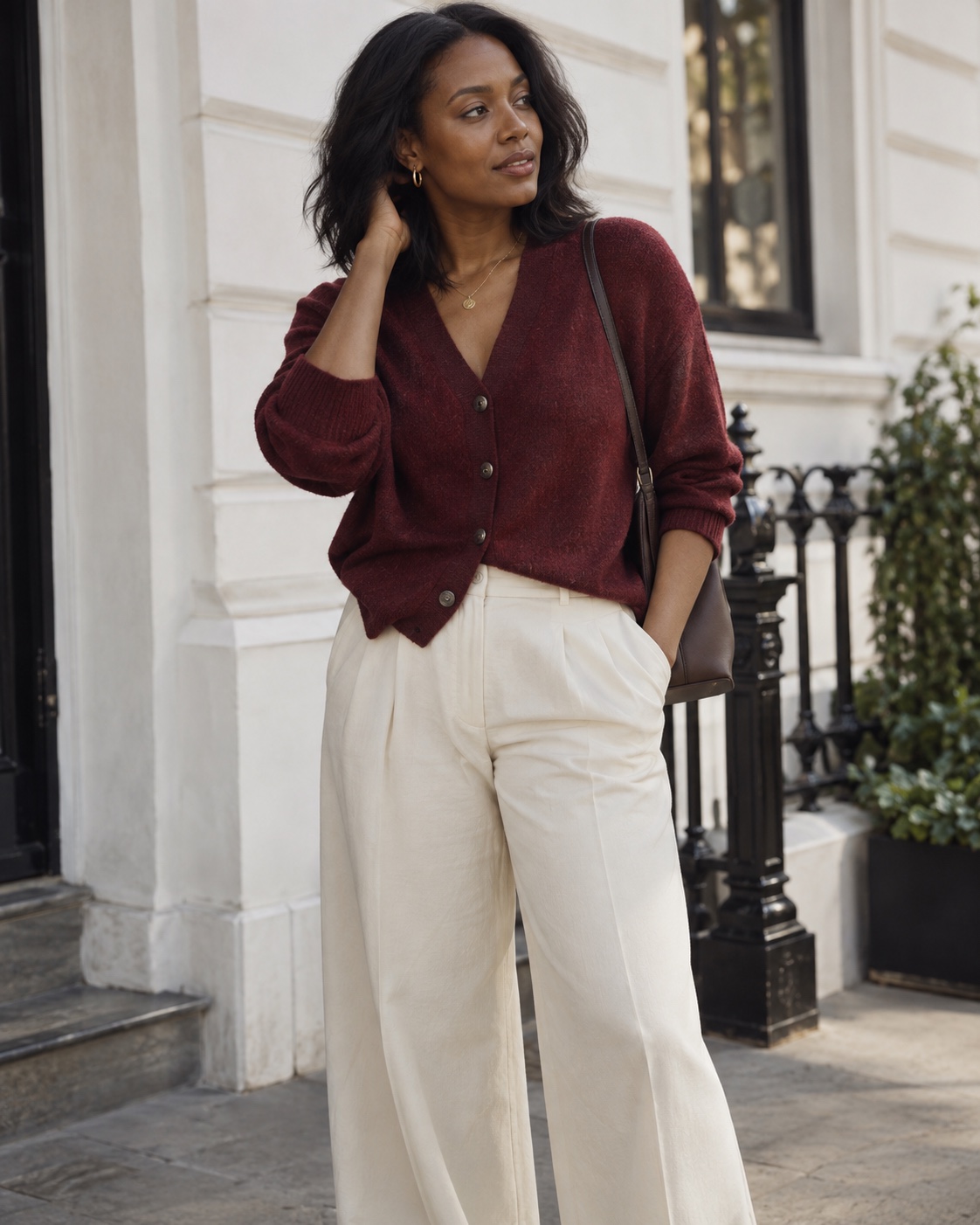 A burgundy cardigan paired with cream wide-leg trousers