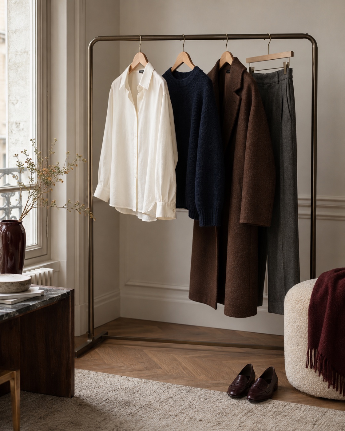 Minimal clothing rail with an ivory shirt, navy knit, chocolate coat and gray trousers on wooden hangers.