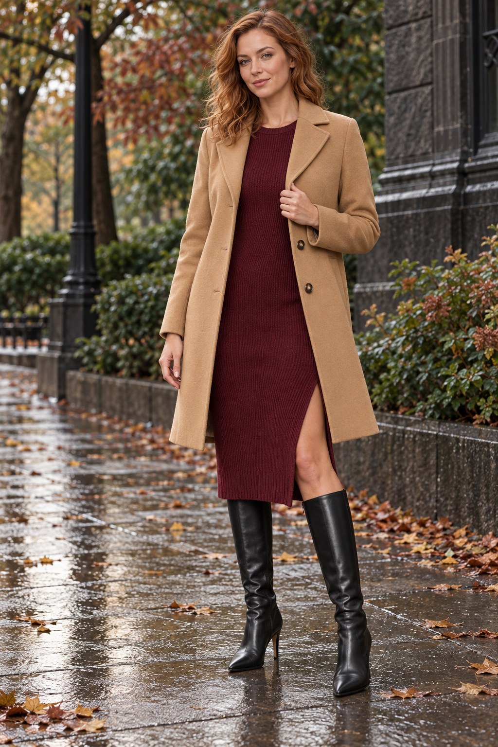 Woman wearing an open camel coat over a bordeaux midi sweater dress with black leather knee-high boots on a rainy autumn day.