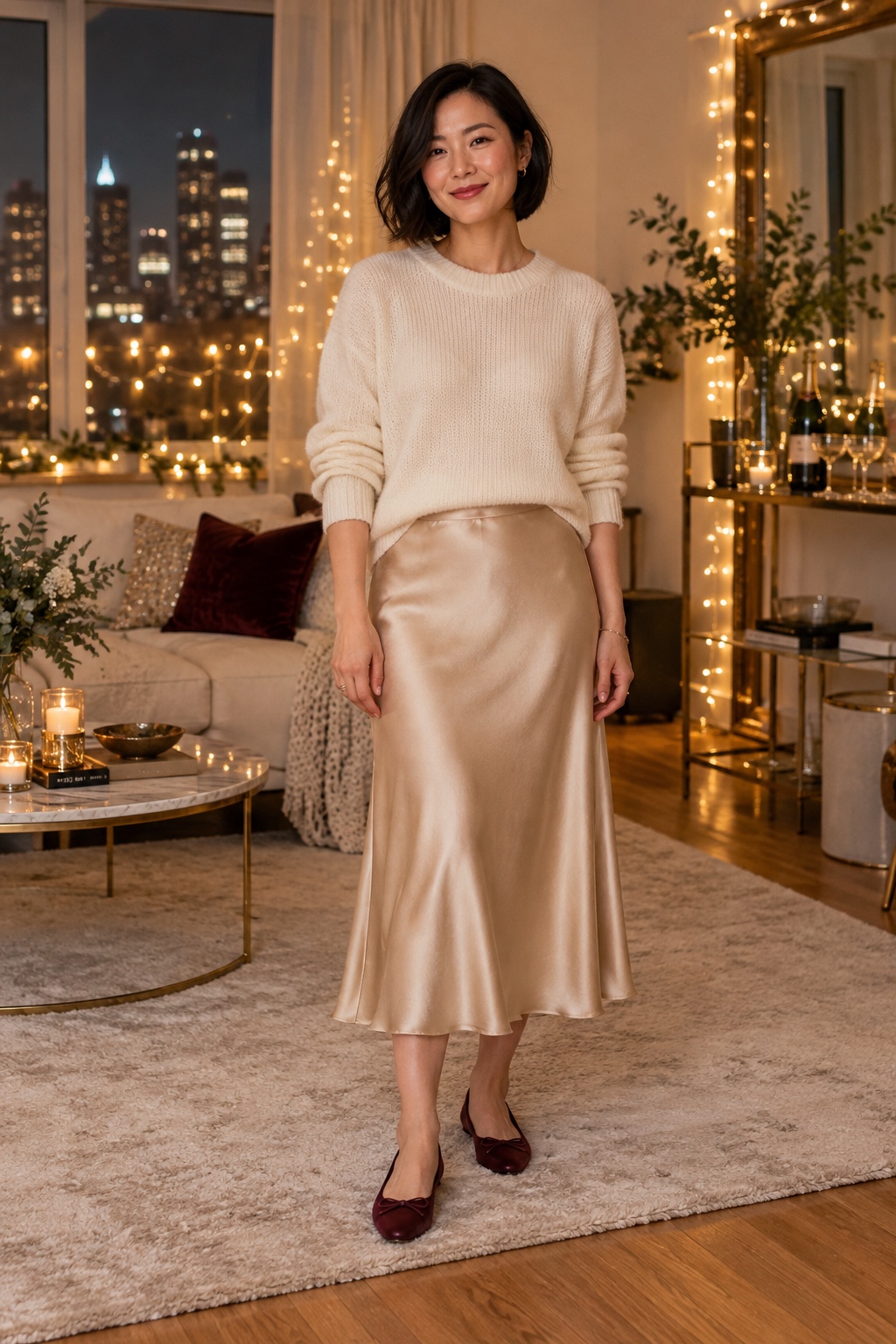A woman wears an ivory sweater, a champagne satin skirt and burgundy ballet flats.