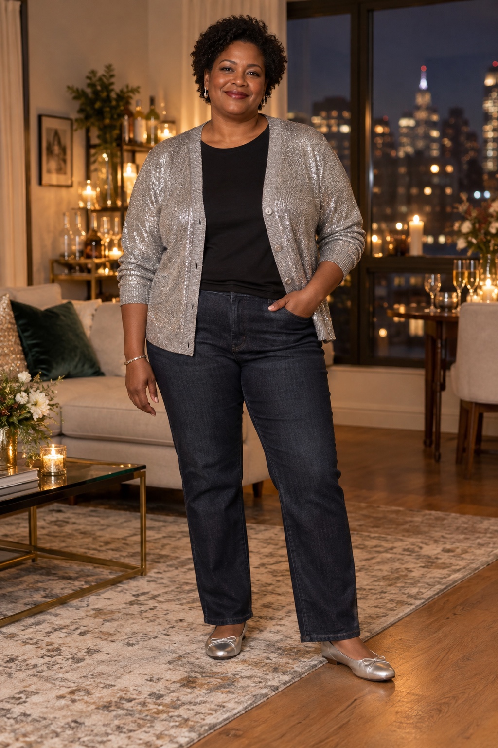 A woman wears a silver cardigan, a black top, dark jeans and silver flats.