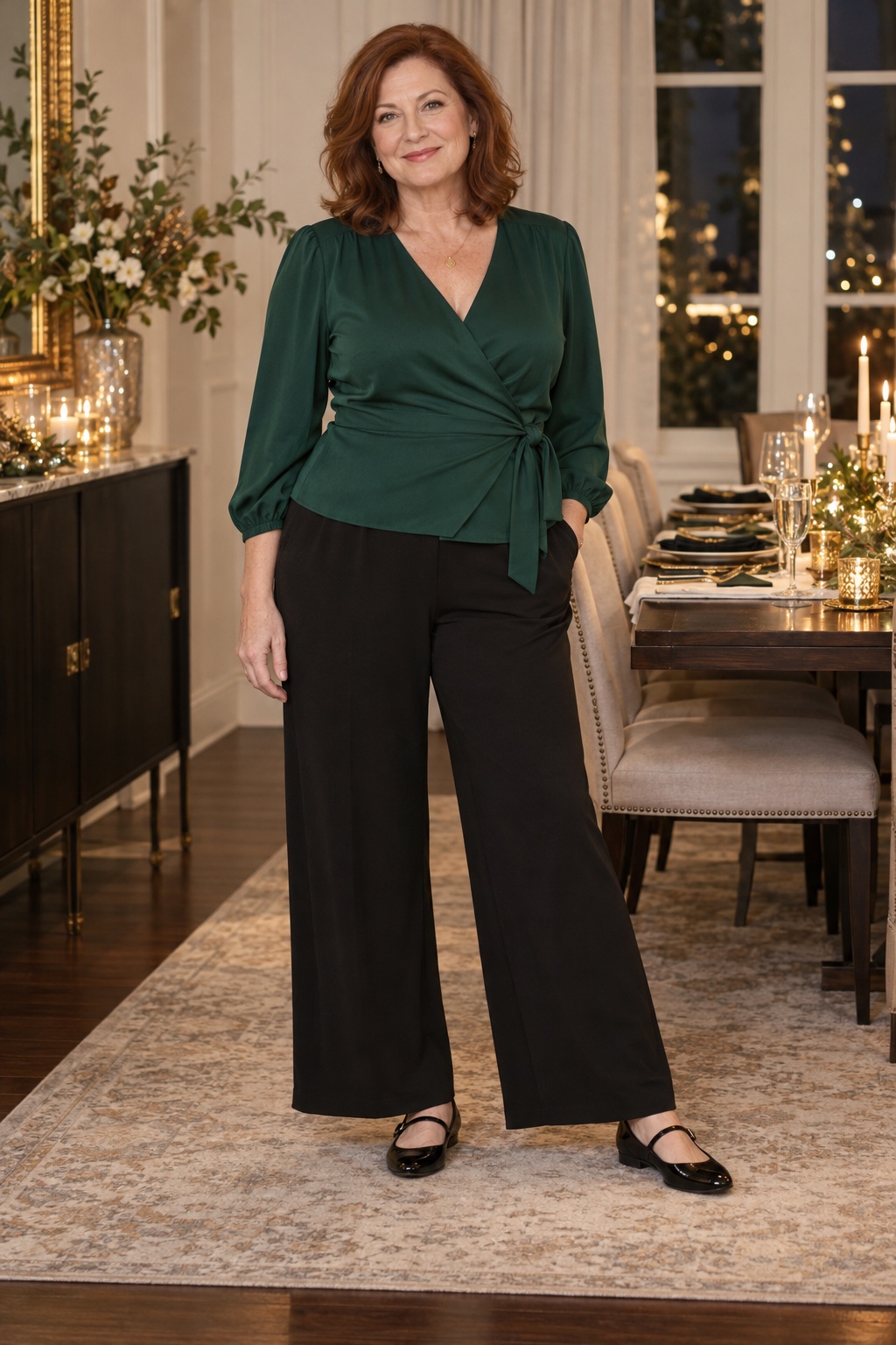 A woman wears an emerald wrap blouse with black wide-leg pants and black Mary Janes.
