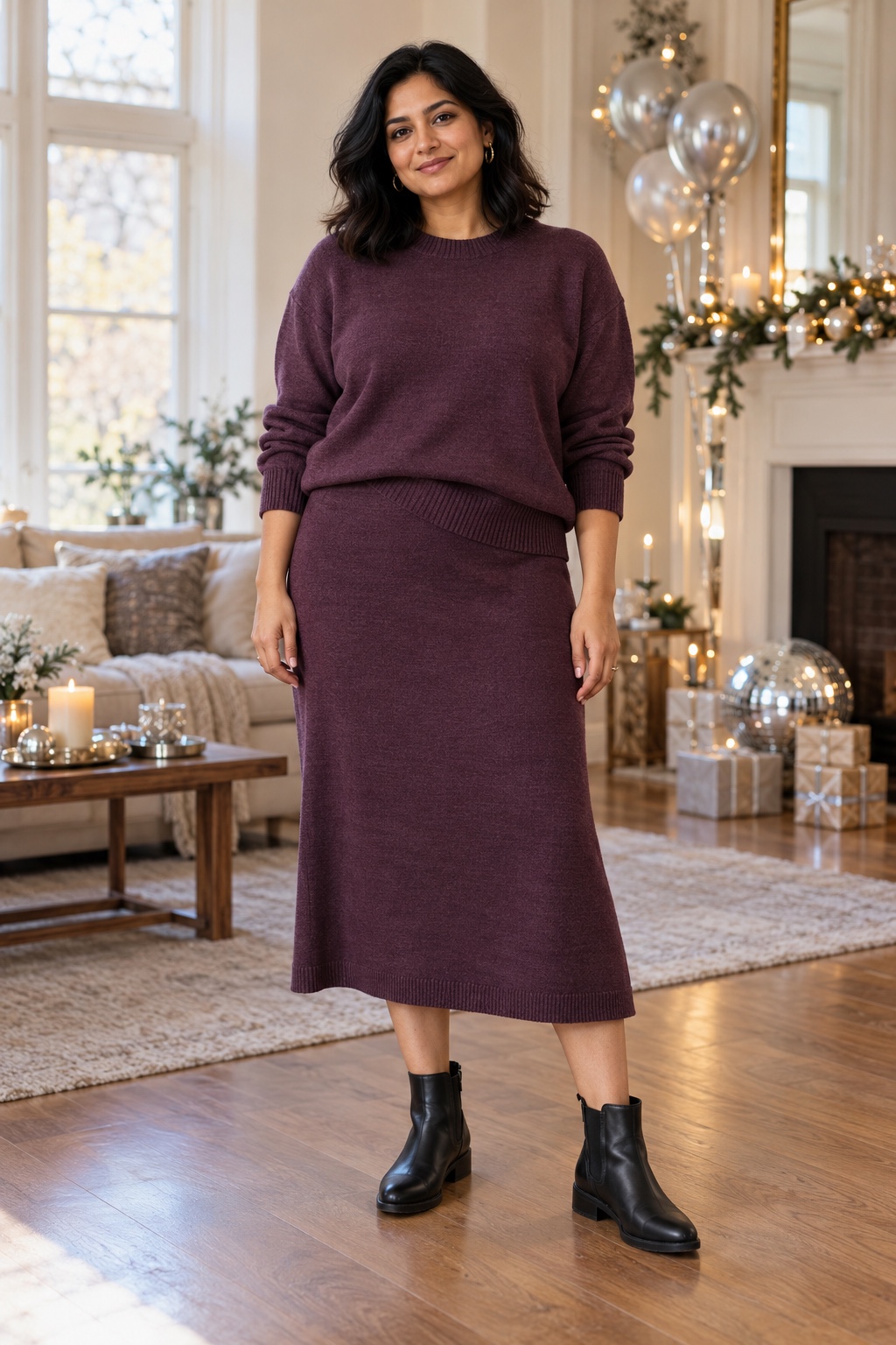 A woman wears a matching plum sweater and knit midi skirt with black ankle boots.