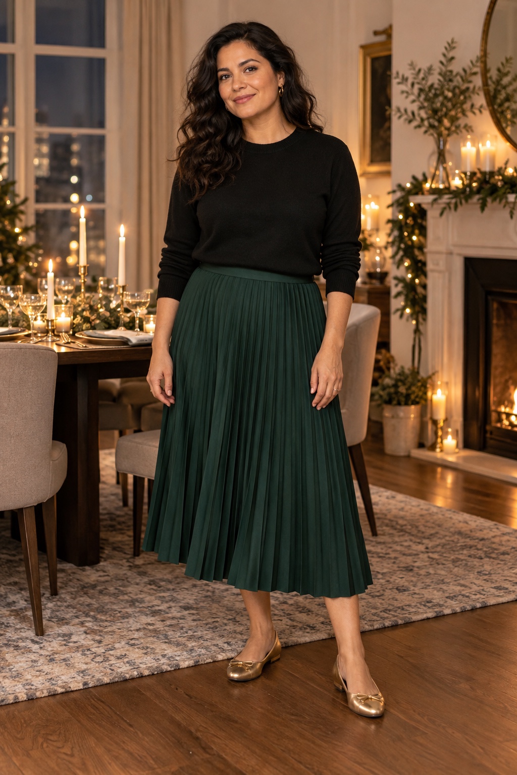 A woman wears a black sweater with a green pleated skirt and gold flats.