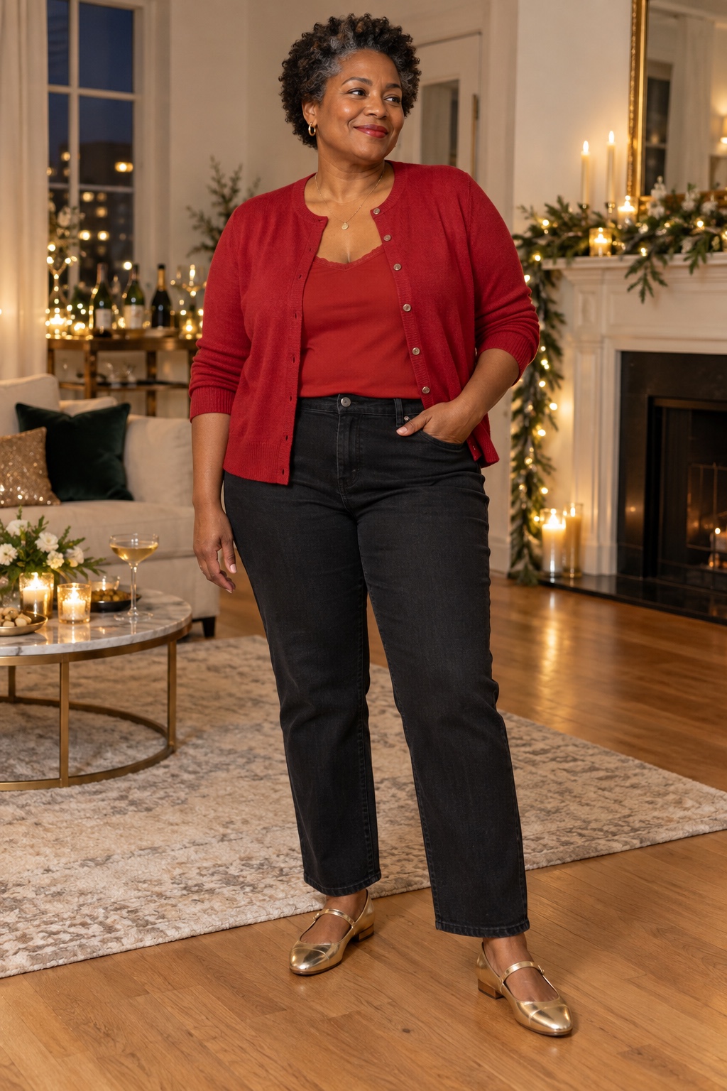 A woman wears a red cardigan with black jeans and gold Mary Janes.