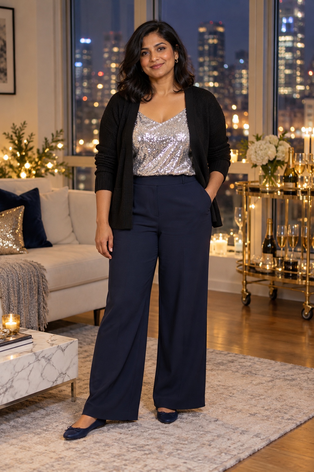A woman wears a black cardigan over a silver camisole with navy pants and flats.