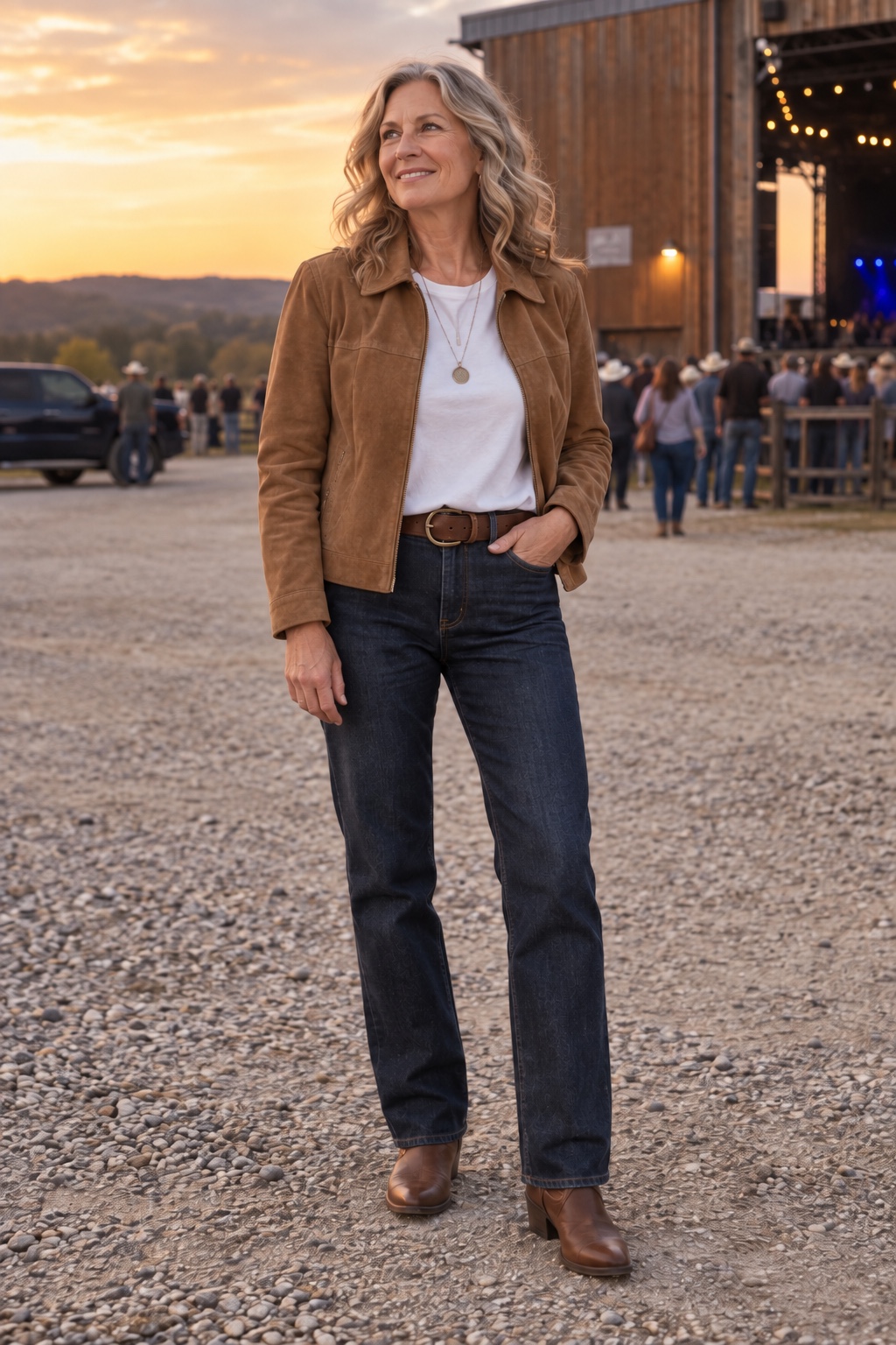Dark straight jeans, white tee, tan suede jacket — worn by a woman in her fifties