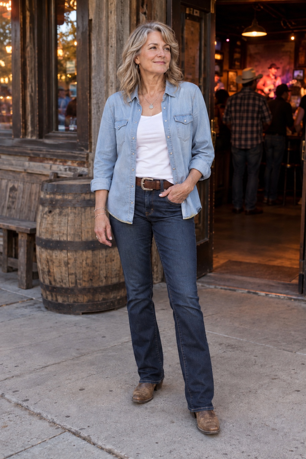 Denim on denim, two different washes — worn by a woman in her fifties