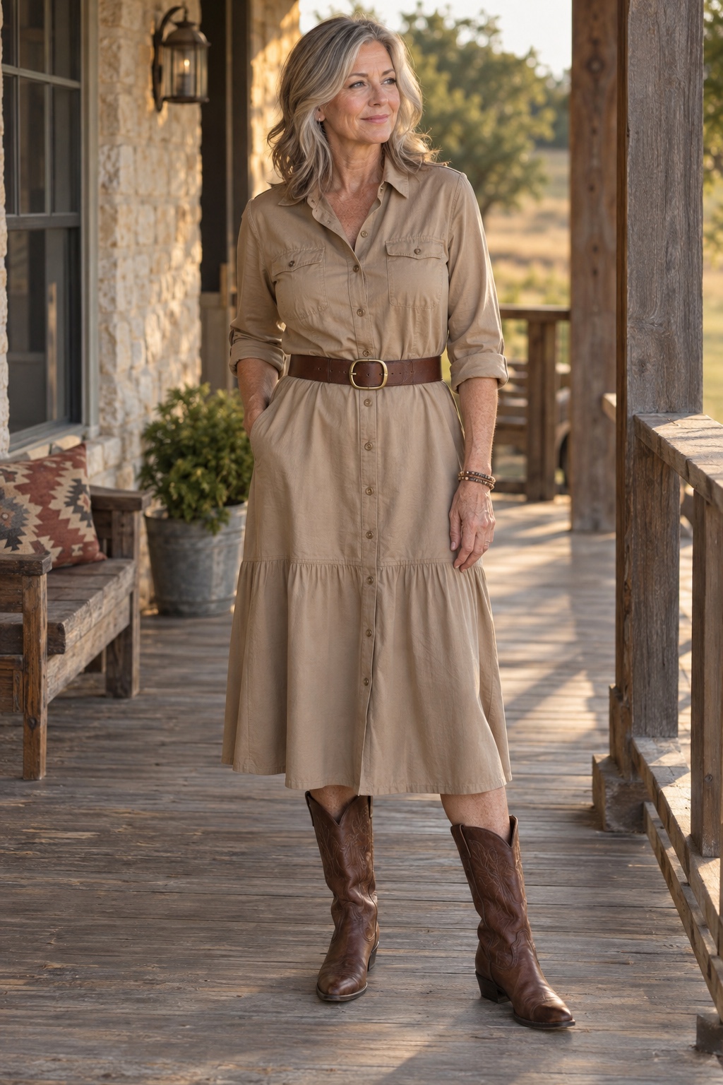 A midi shirt dress with a belt and tall boots — worn by a woman in her fifties