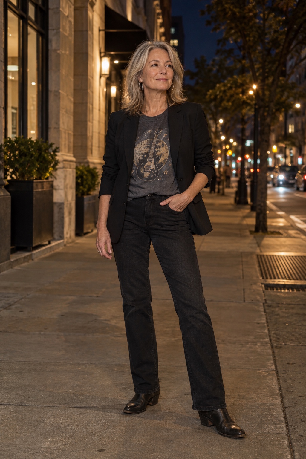 Black jeans, a band tee, a sharp blazer — worn by a woman in her fifties