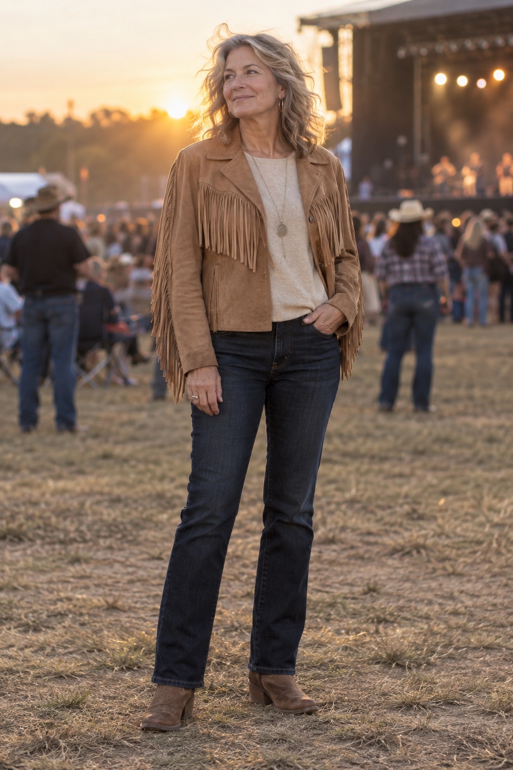 A fringe suede jacket over a plain knit — worn by a woman in her fifties