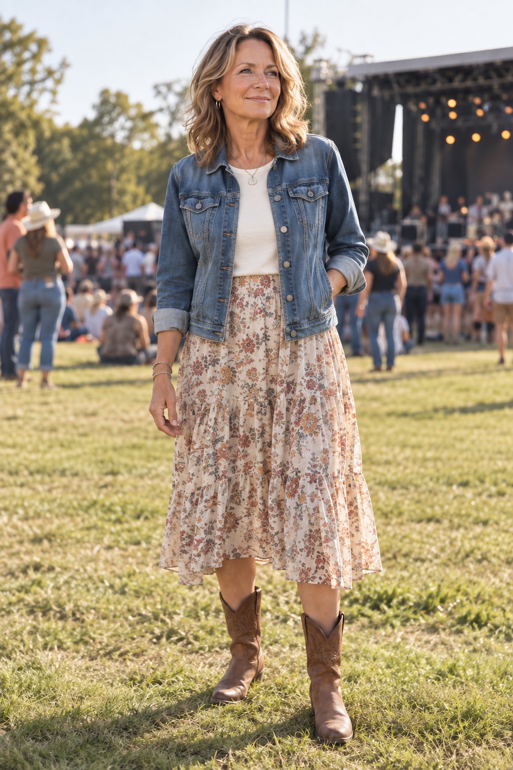 A floral midi skirt with a denim jacket — worn by a woman in her fifties