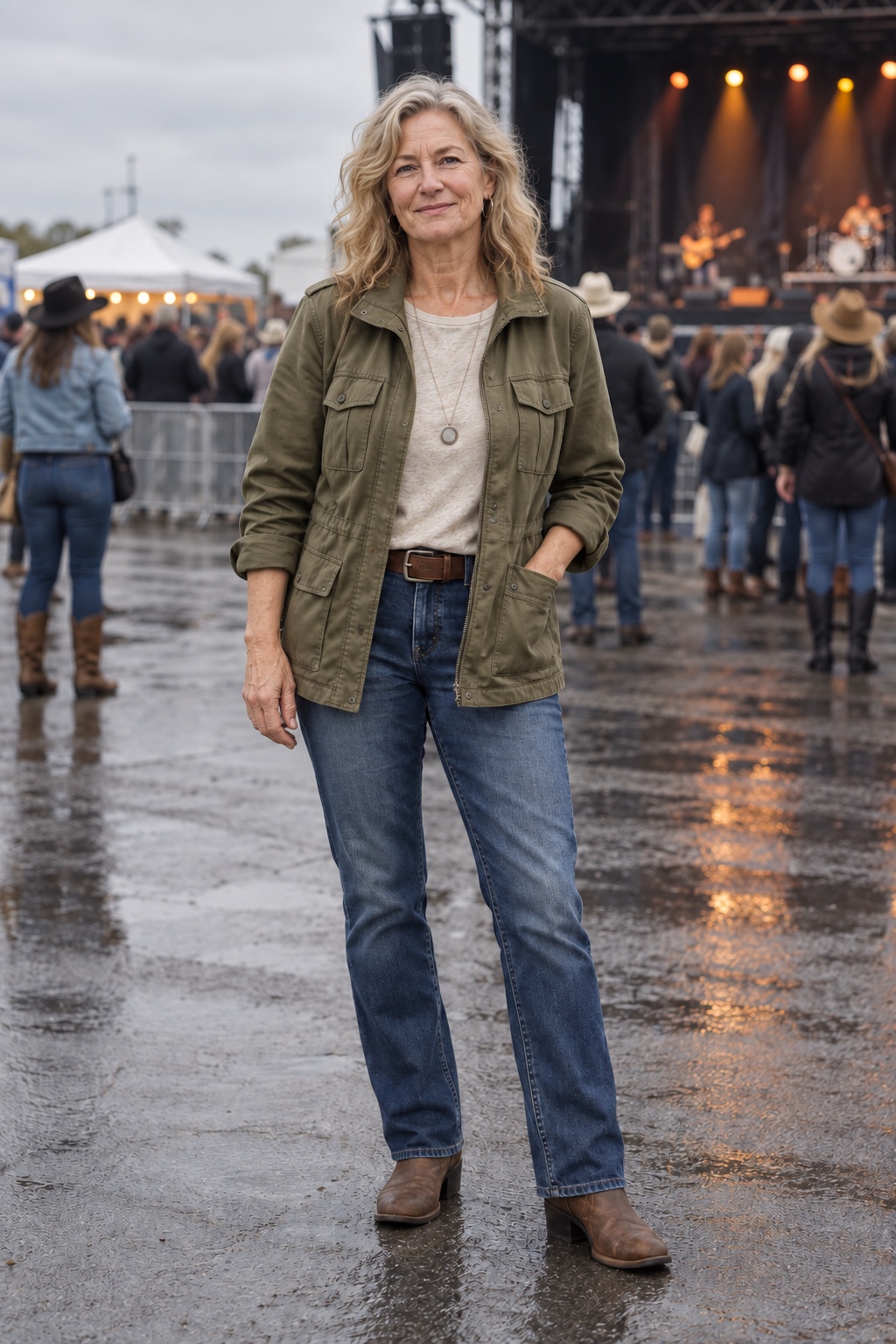 Olive utility jacket, neutral tee, straight jeans — worn by a woman in her fifties