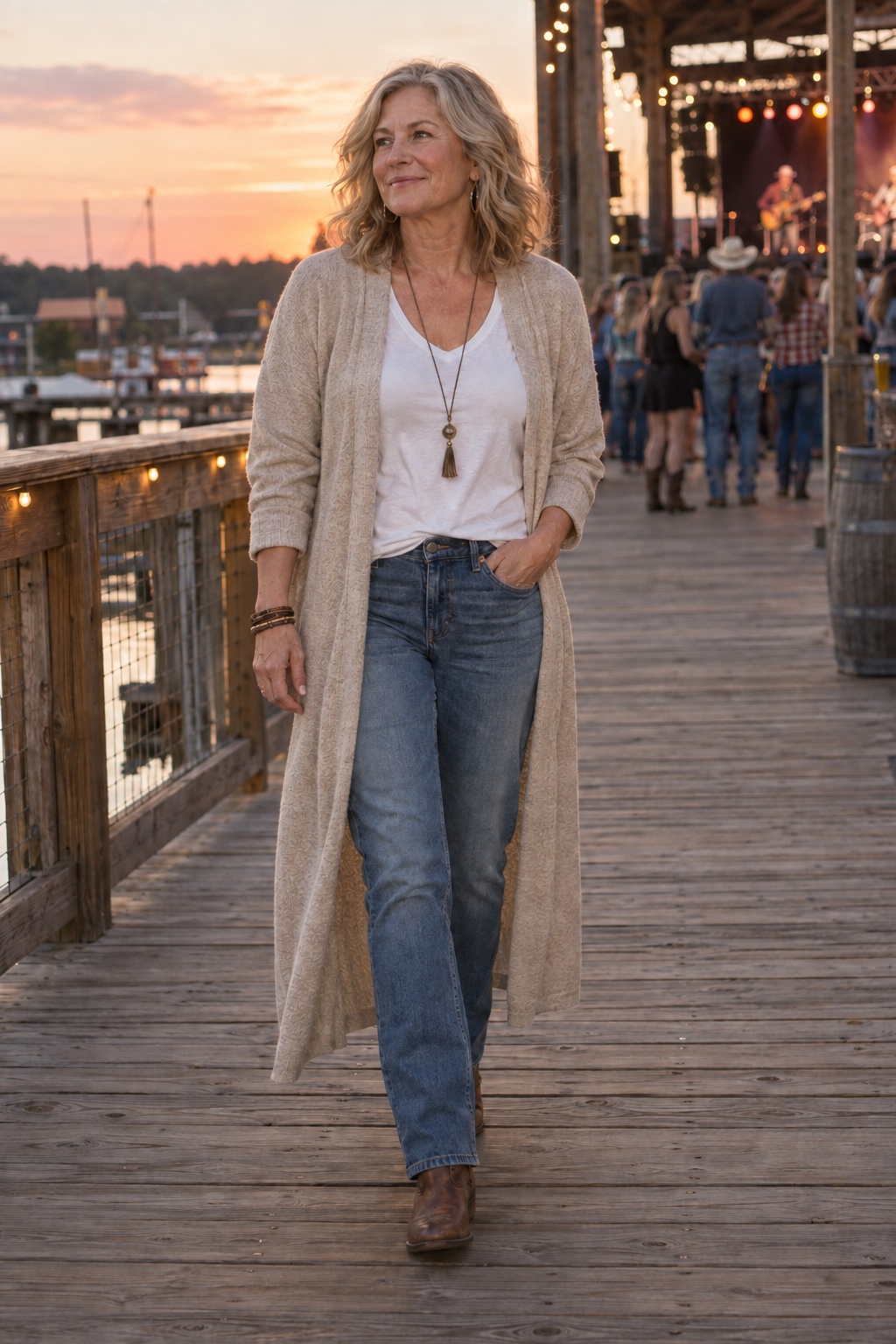 A long duster cardigan over a tee and jeans — worn by a woman in her fifties