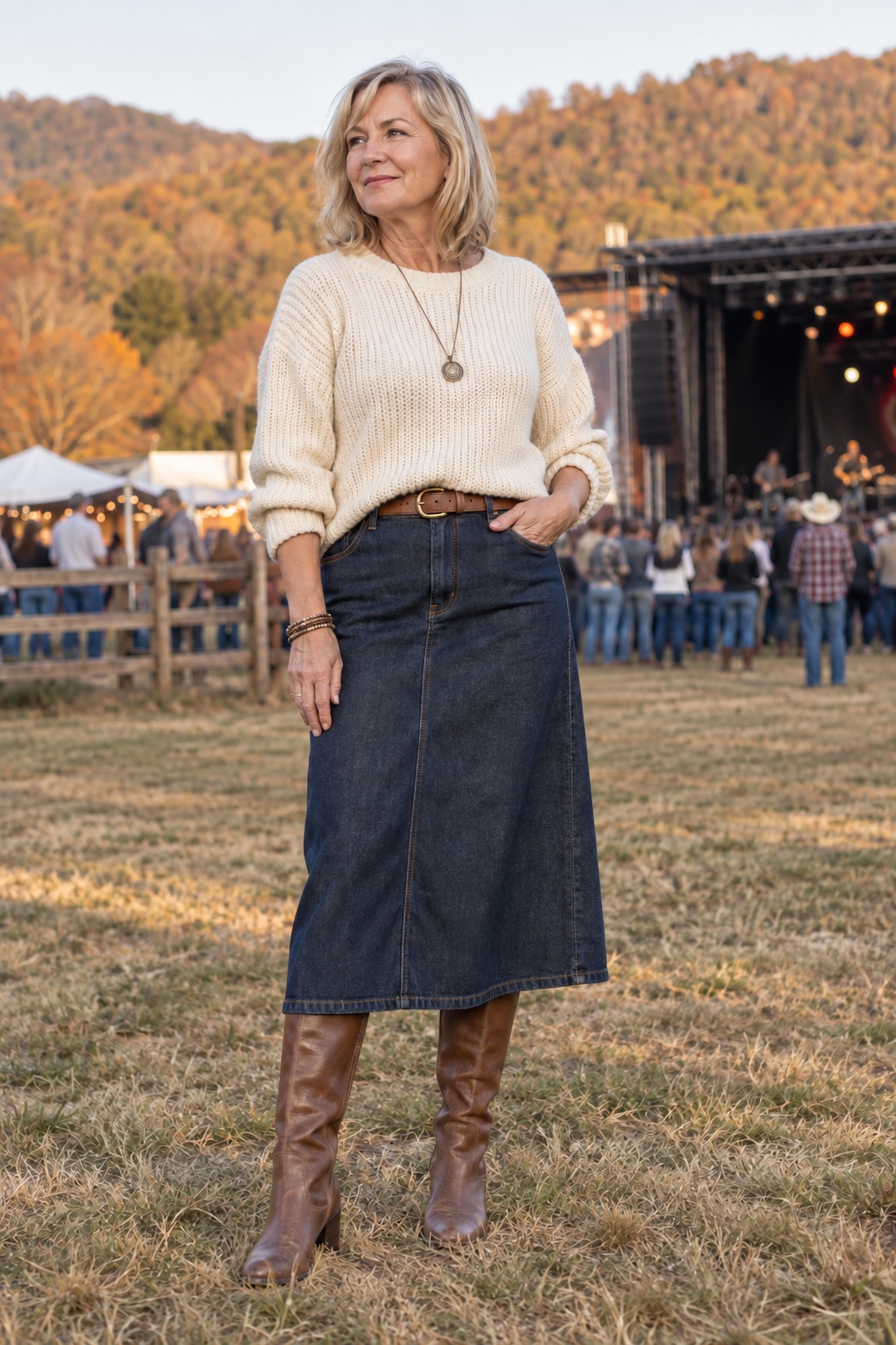 A denim midi skirt with a sweater and boots — worn by a woman in her fifties