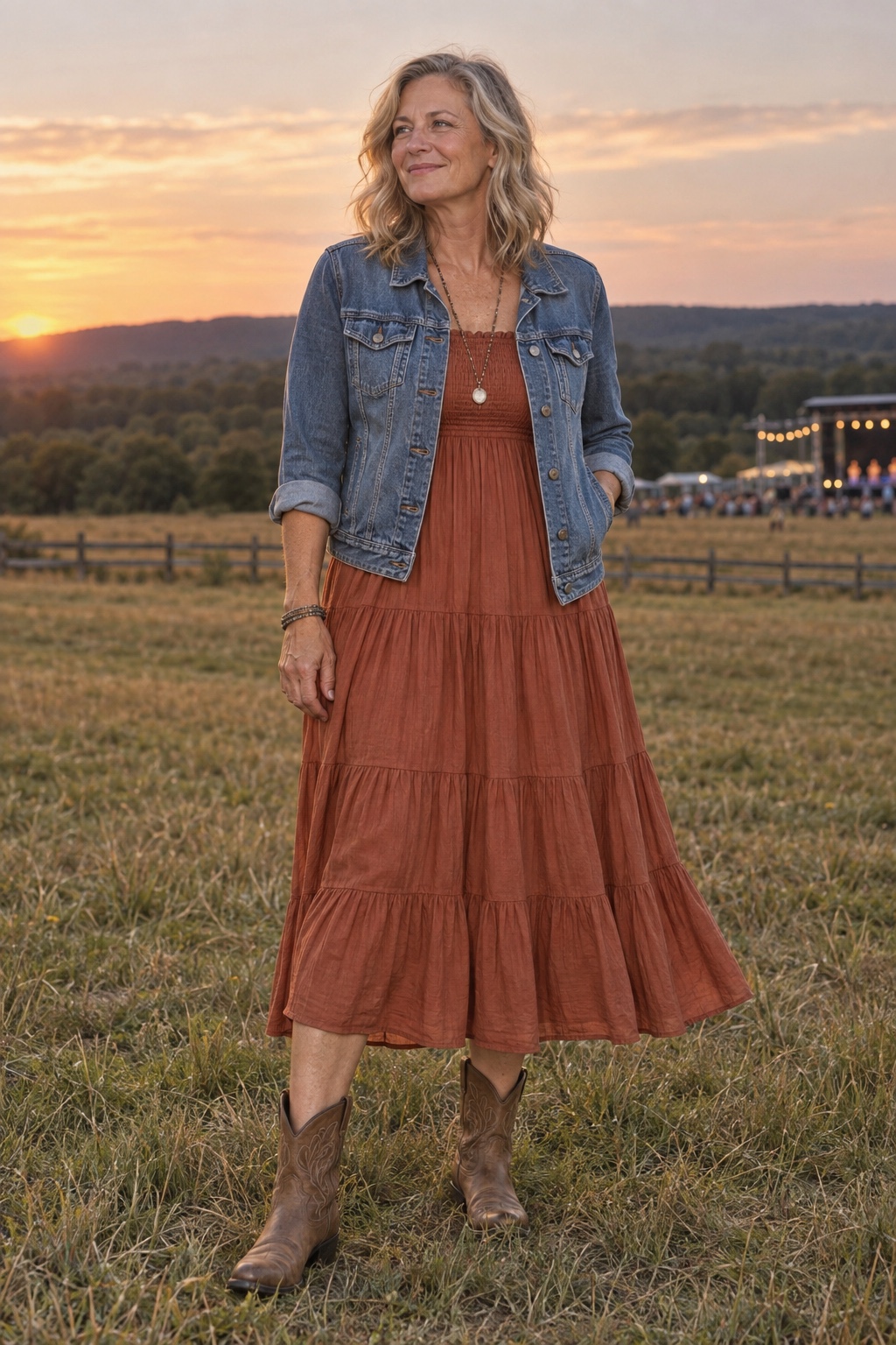 A tiered midi dress under a denim jacket — worn by a woman in her fifties