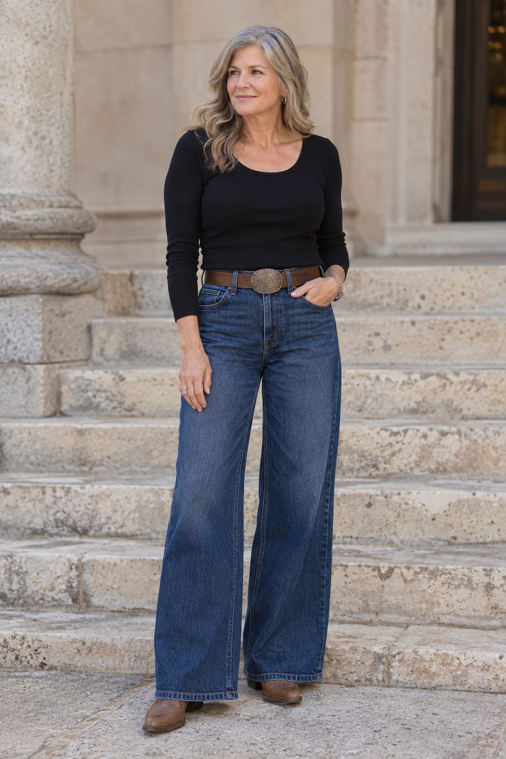 Wide-leg jeans, a fitted knit, a strong belt — worn by a woman in her fifties