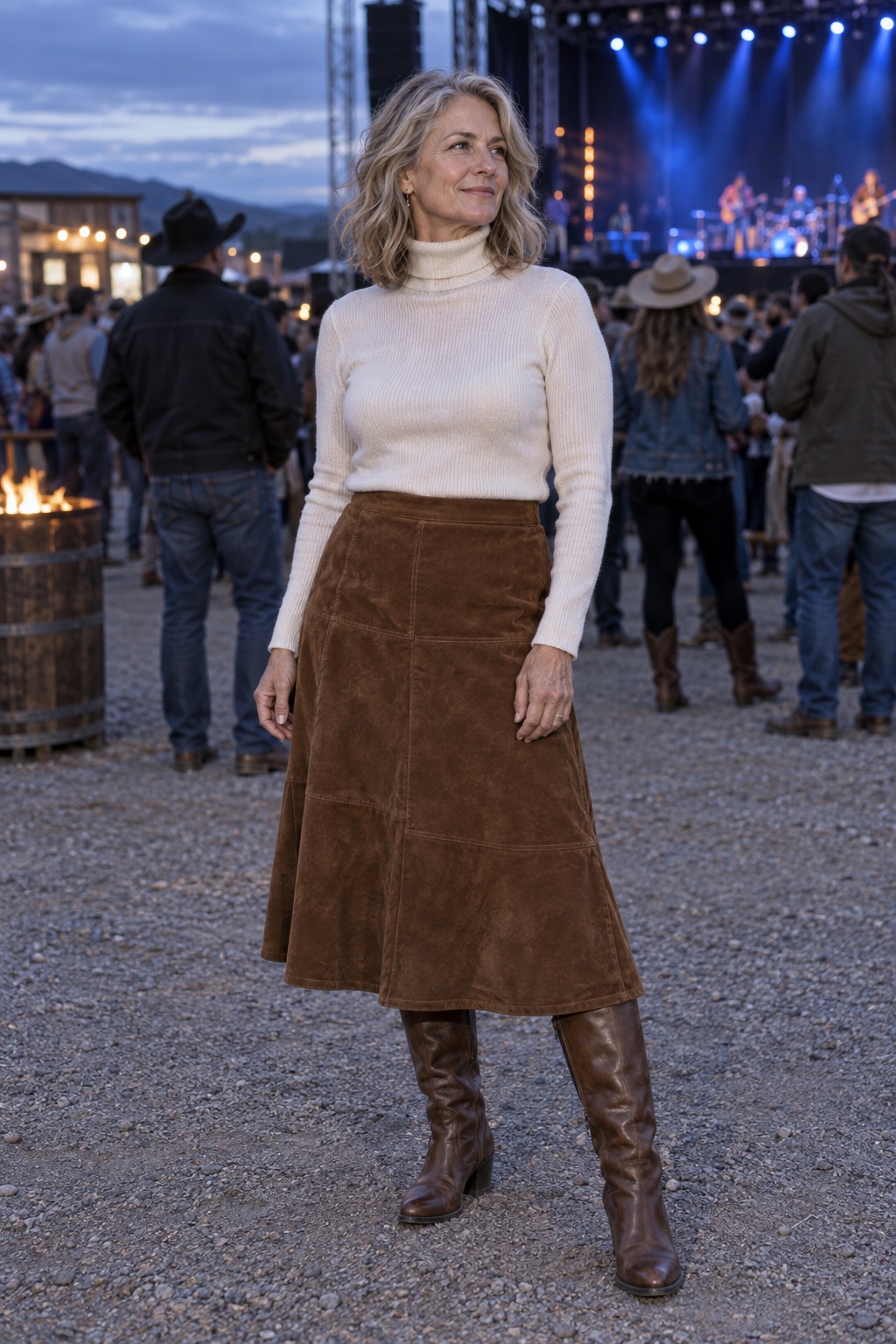 A suede or faux-suede skirt with a turtleneck — worn by a woman in her fifties
