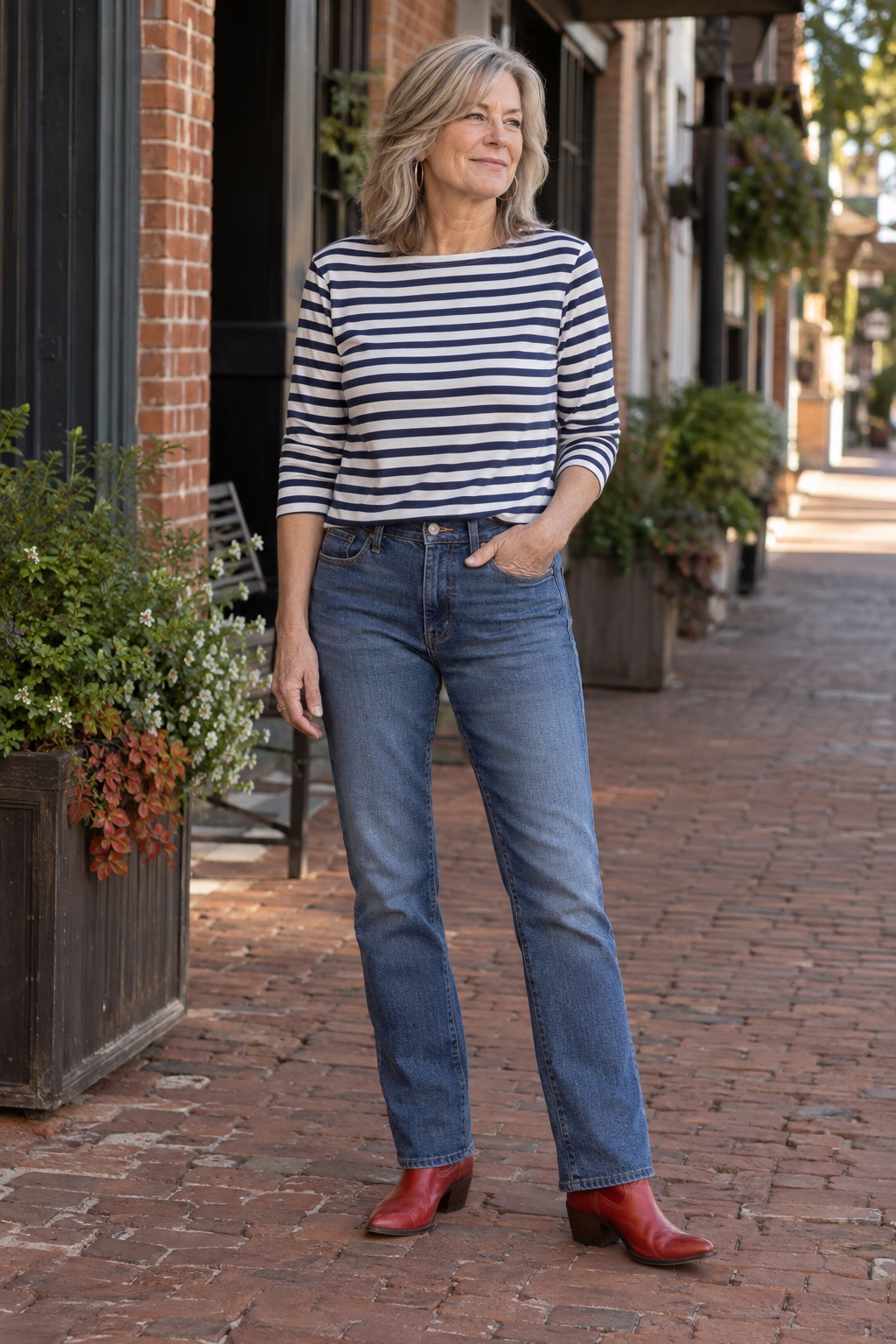 A striped tee, straight jeans, red boots — worn by a woman in her fifties