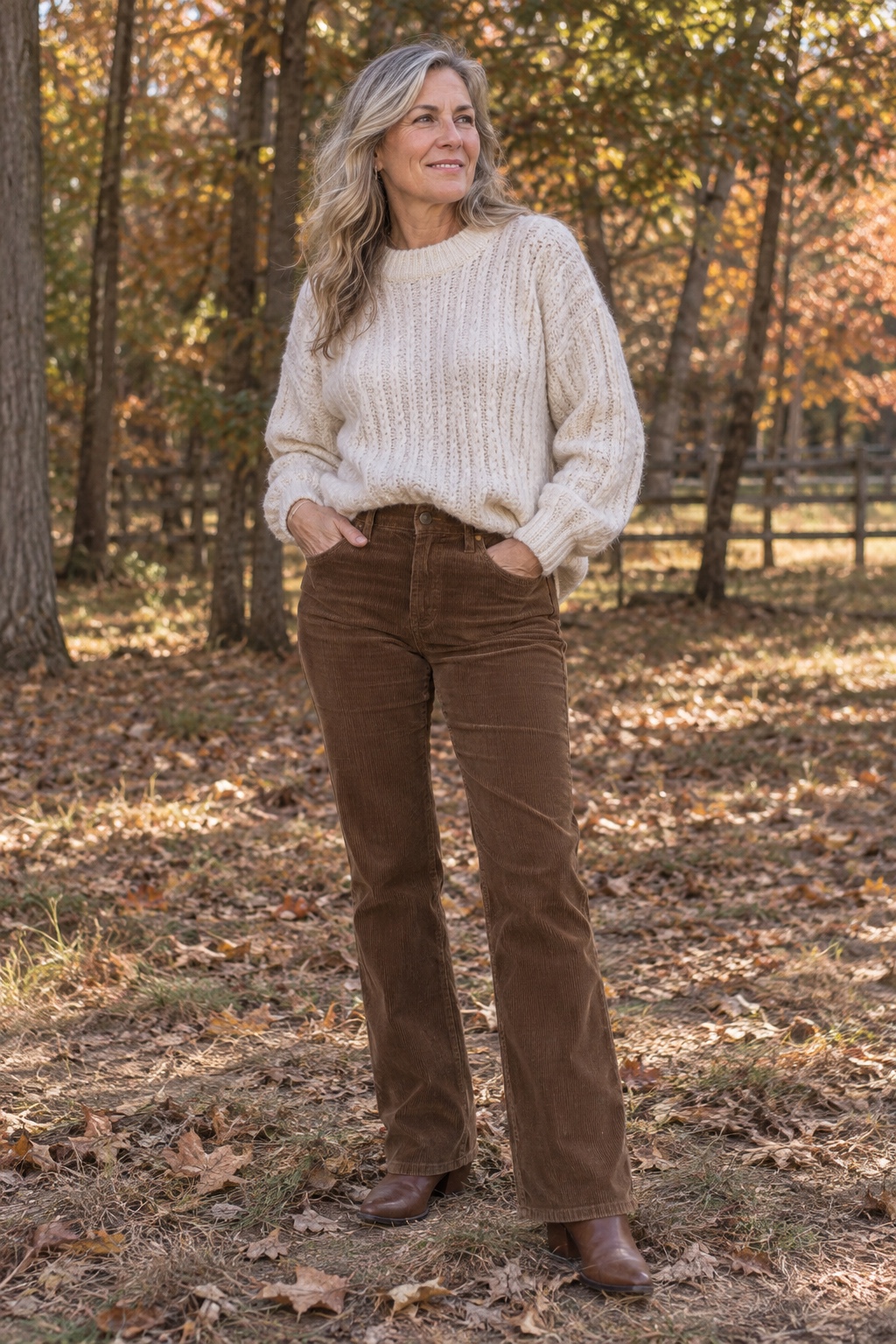 Corduroy trousers with a cream sweater — worn by a woman in her fifties