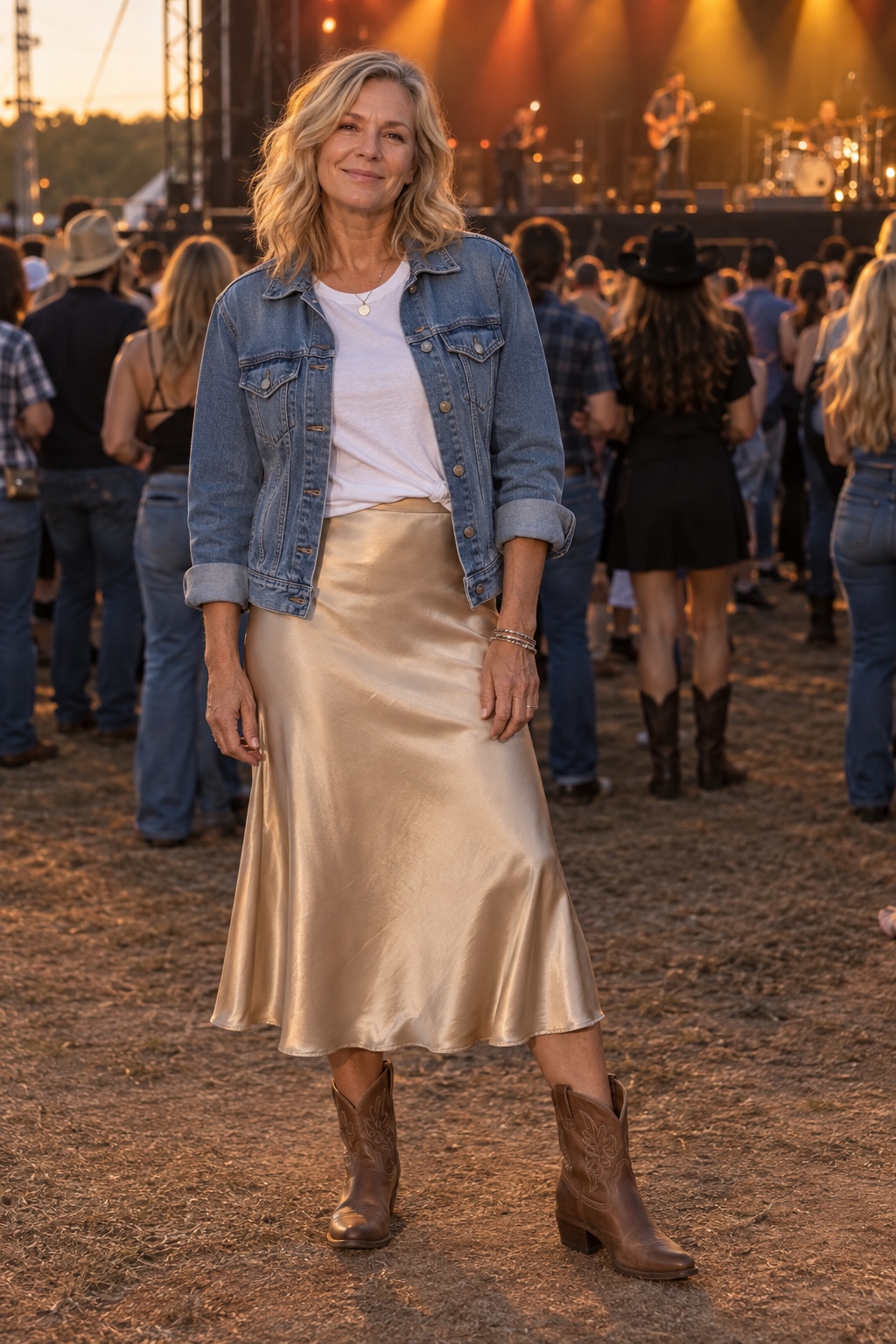 A slip skirt, a plain tee, a denim jacket — worn by a woman in her fifties