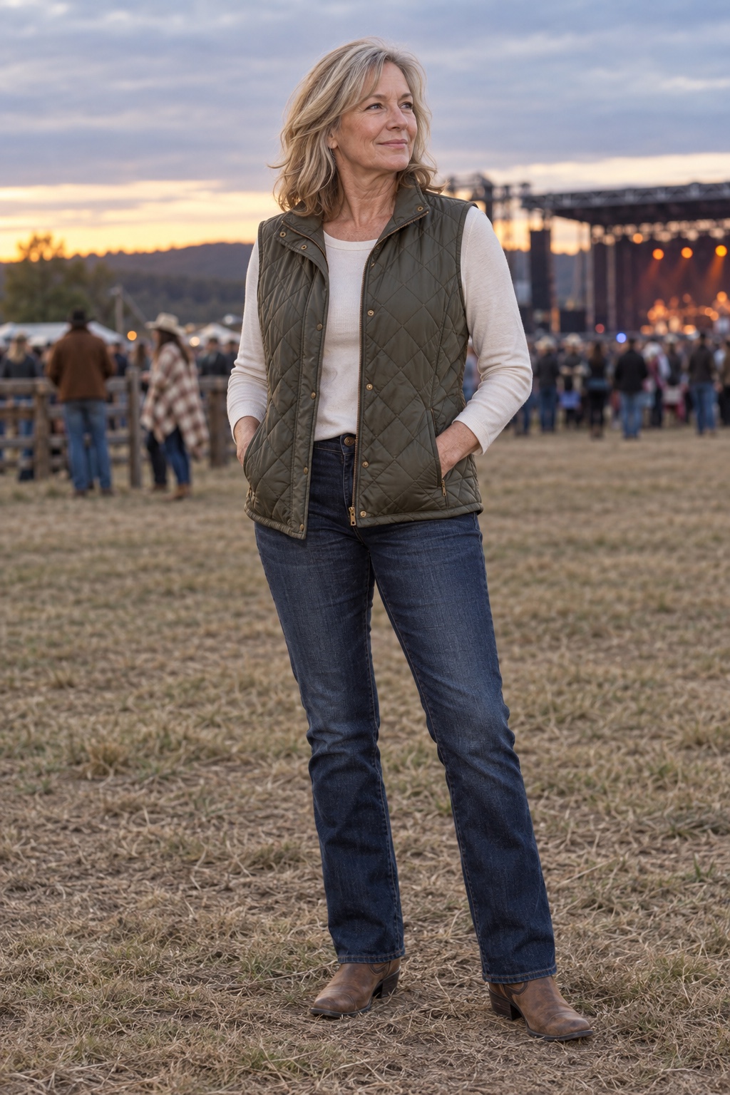 A vest over a long-sleeve tee with jeans — worn by a woman in her fifties