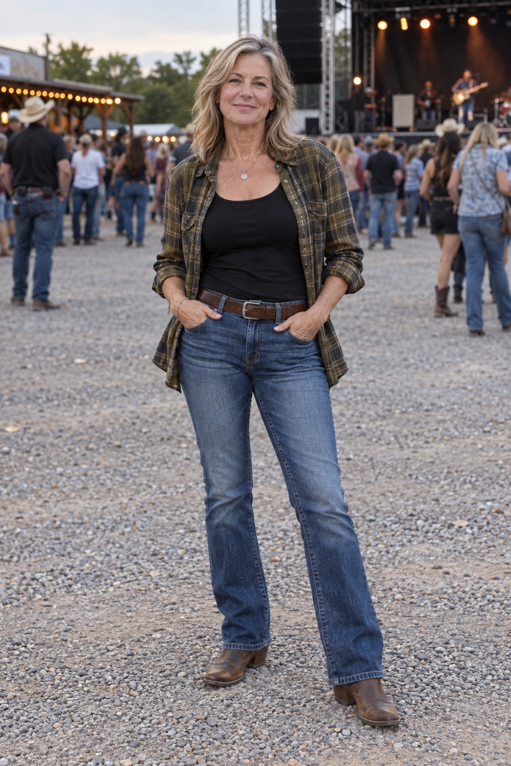 A plaid shirt layered open over a tank and denim — worn by a woman in her fifties