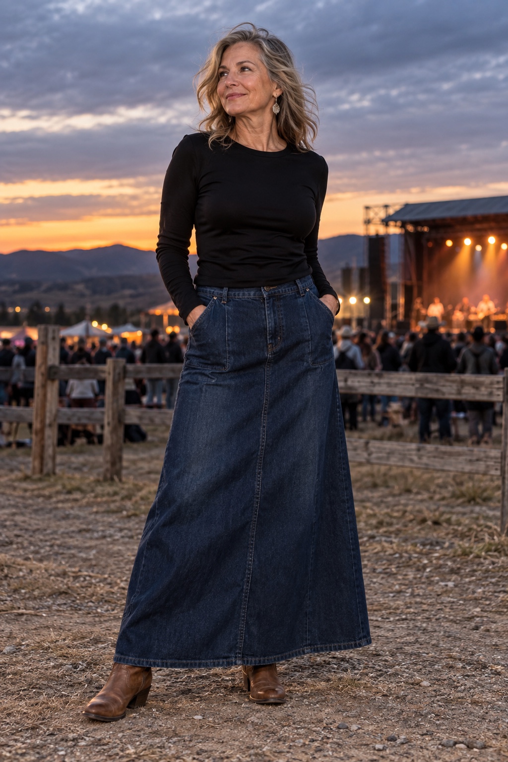 A maxi skirt with boots and a fitted top — worn by a woman in her fifties