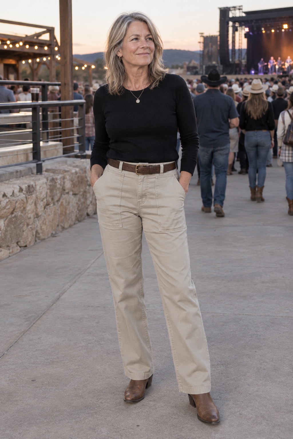 Utility trousers, a fine knit, a leather belt — worn by a woman in her fifties