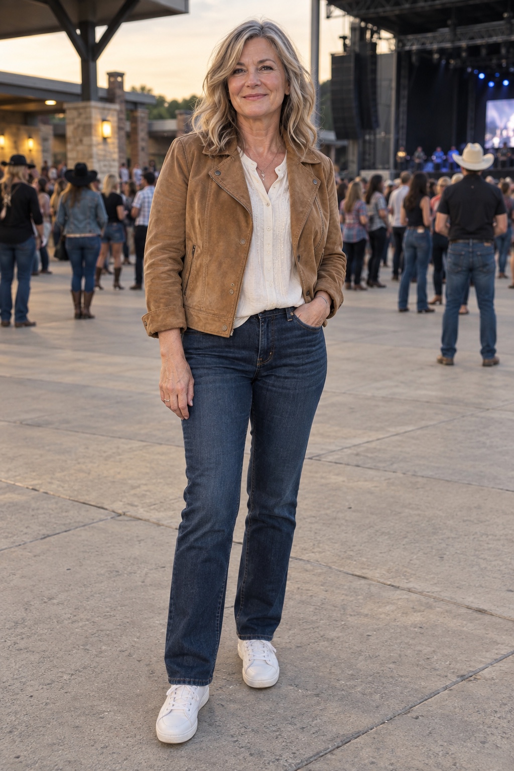The one with sneakers instead of boots — worn by a woman in her fifties