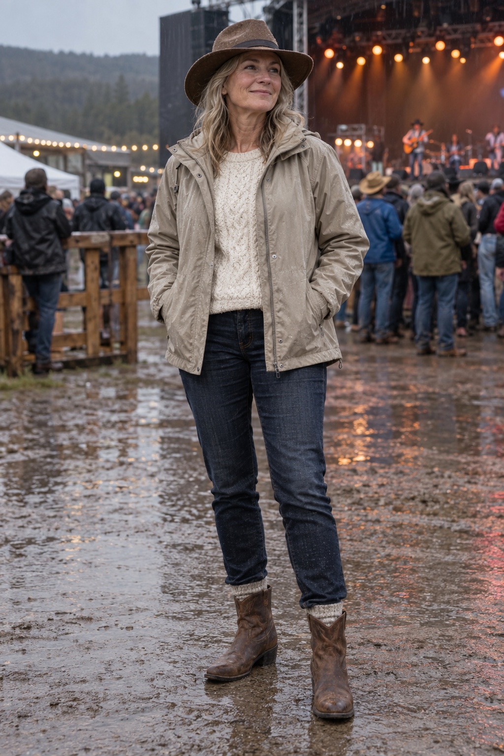 The cold-and-wet contingency — worn by a woman in her fifties