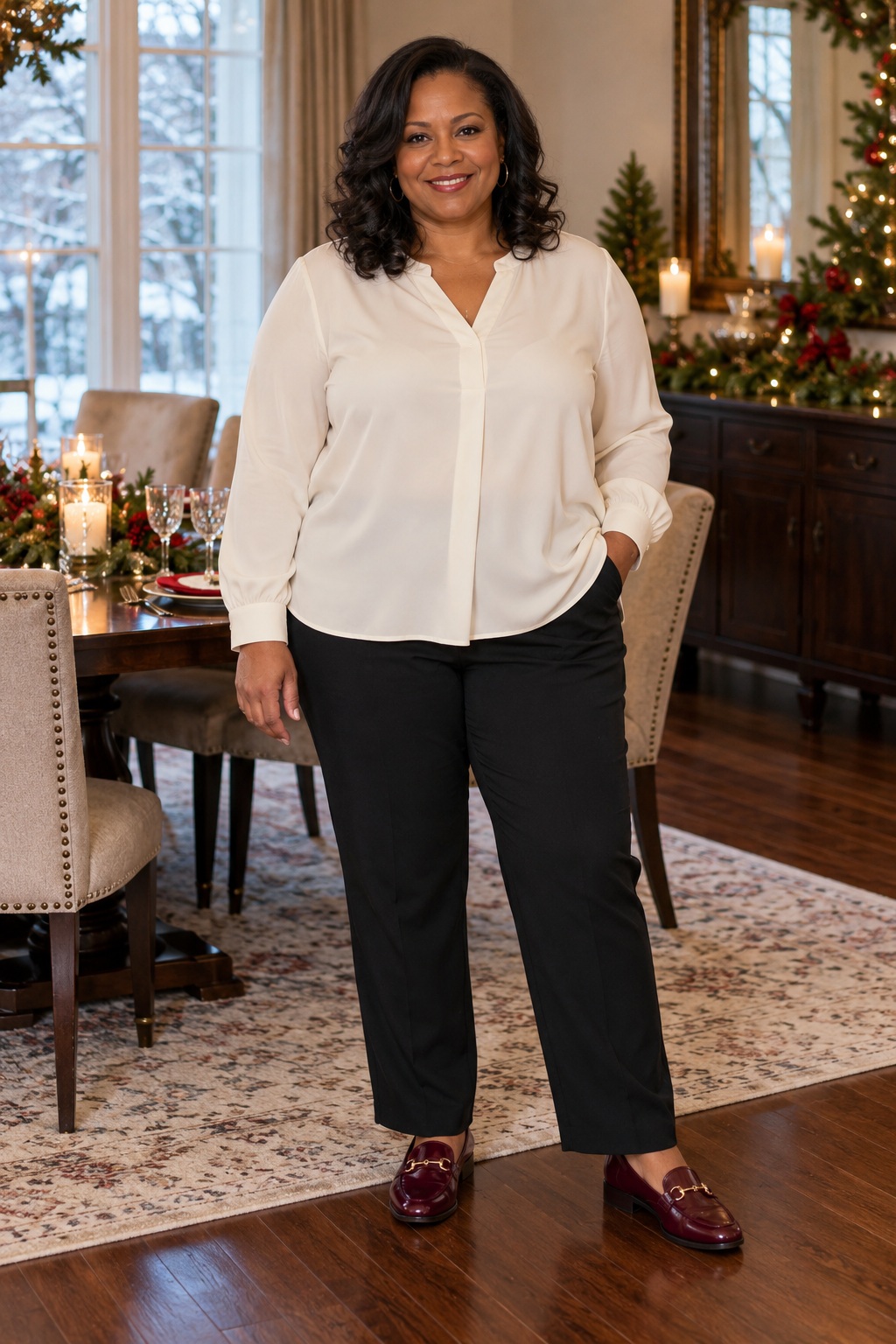 A woman wears an untucked ivory blouse with black trousers and burgundy loafers.