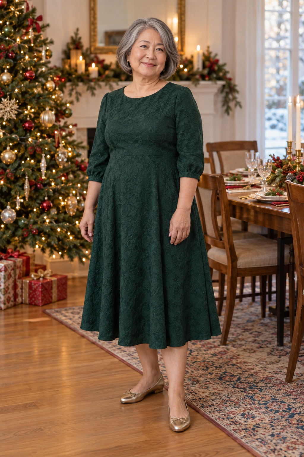 A woman wears an unbelted green A-line dress with gold flats.