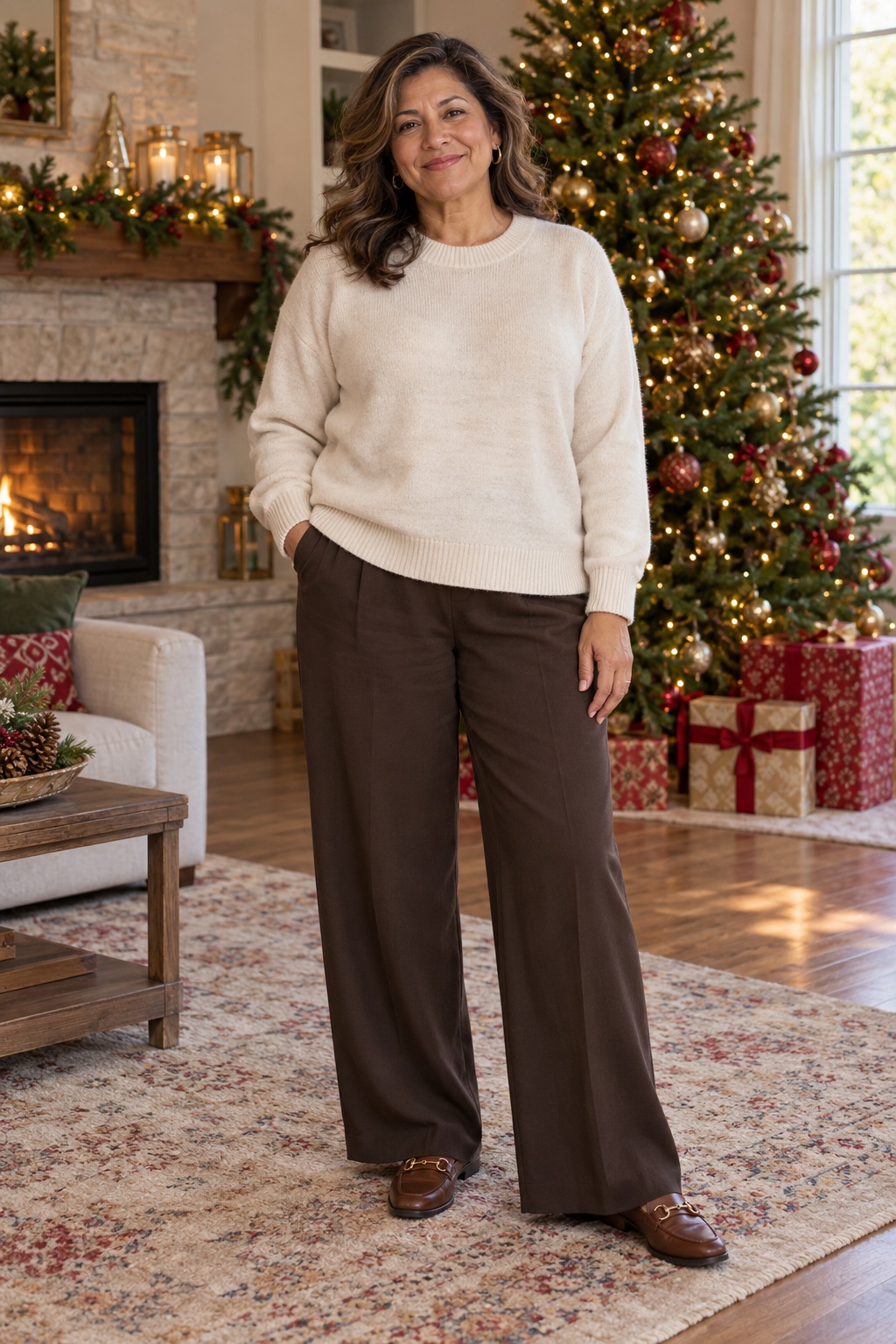 A woman wears a loose cream sweater with chocolate wide-leg trousers and brown loafers.