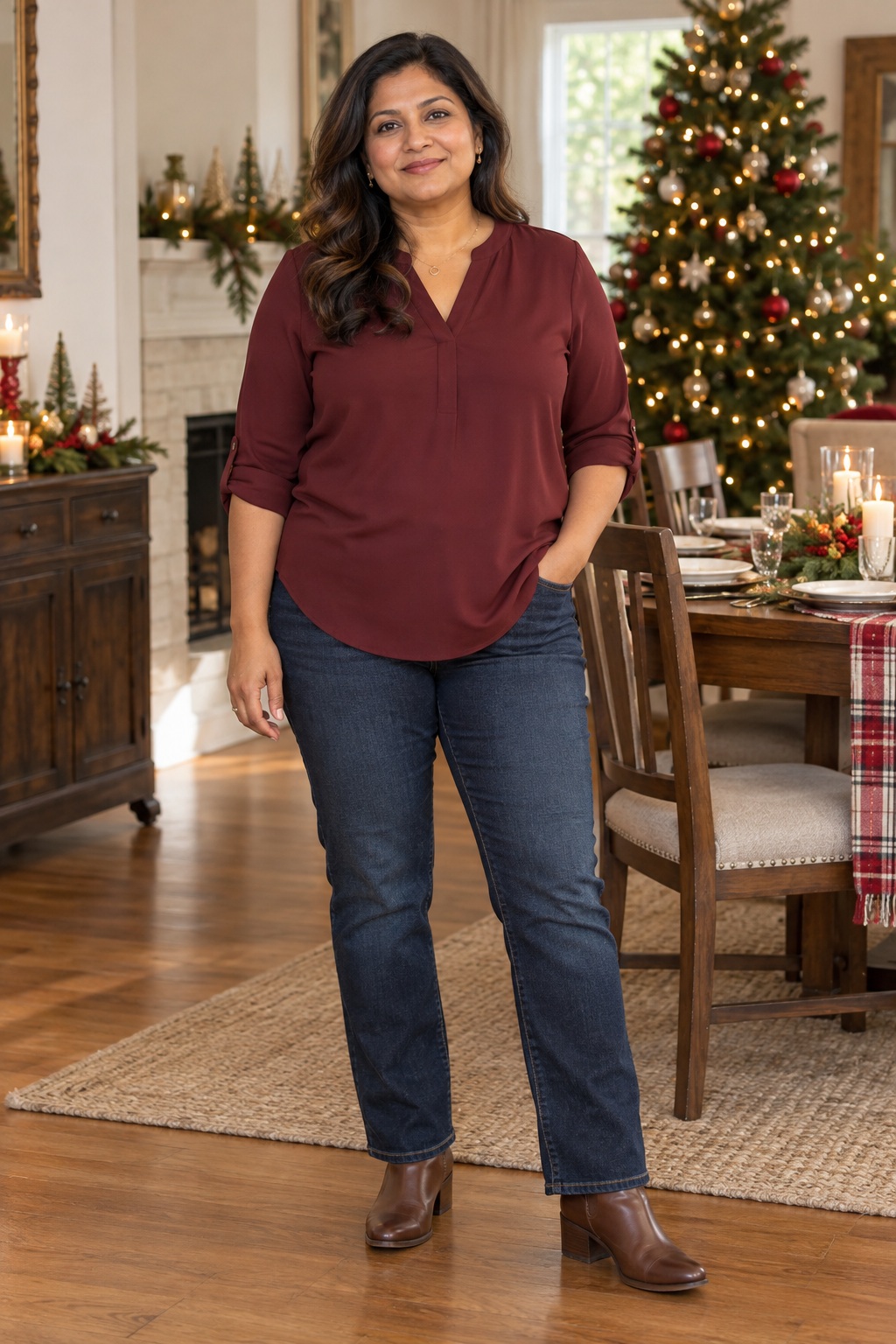A woman wears an untucked burgundy blouse with dark jeans and ankle boots.