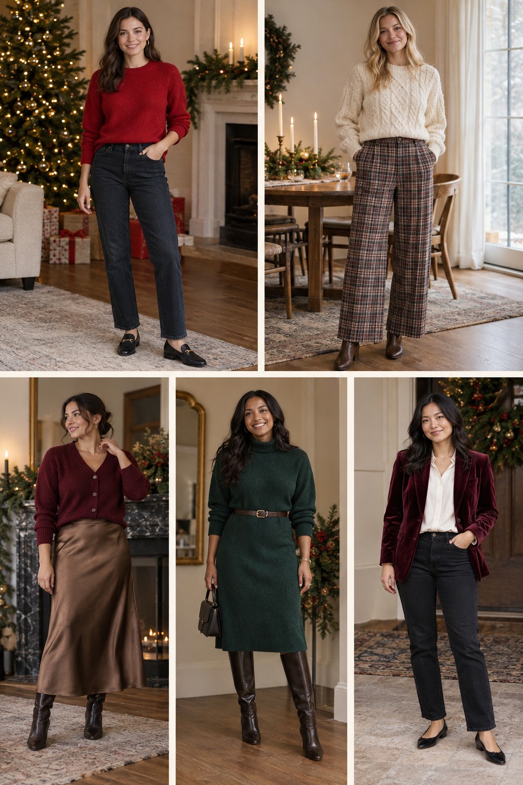 Five examples of Christmas Eve outfits with polished winter styling.