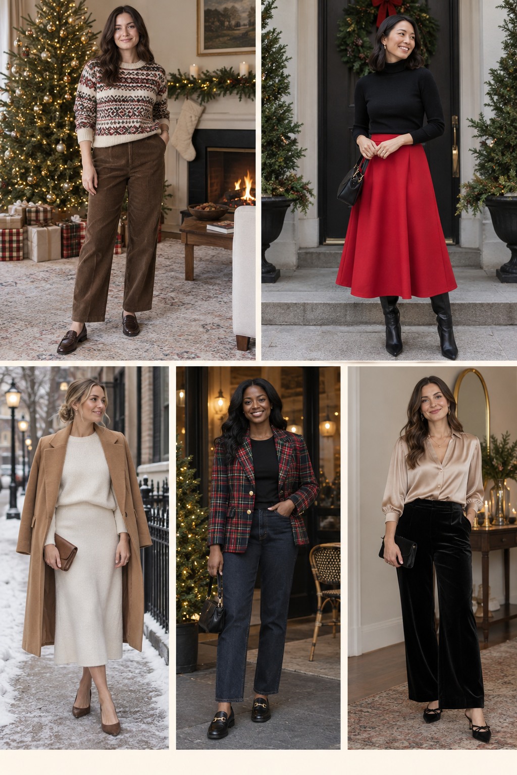 Five examples of Christmas Eve outfits with polished winter styling.