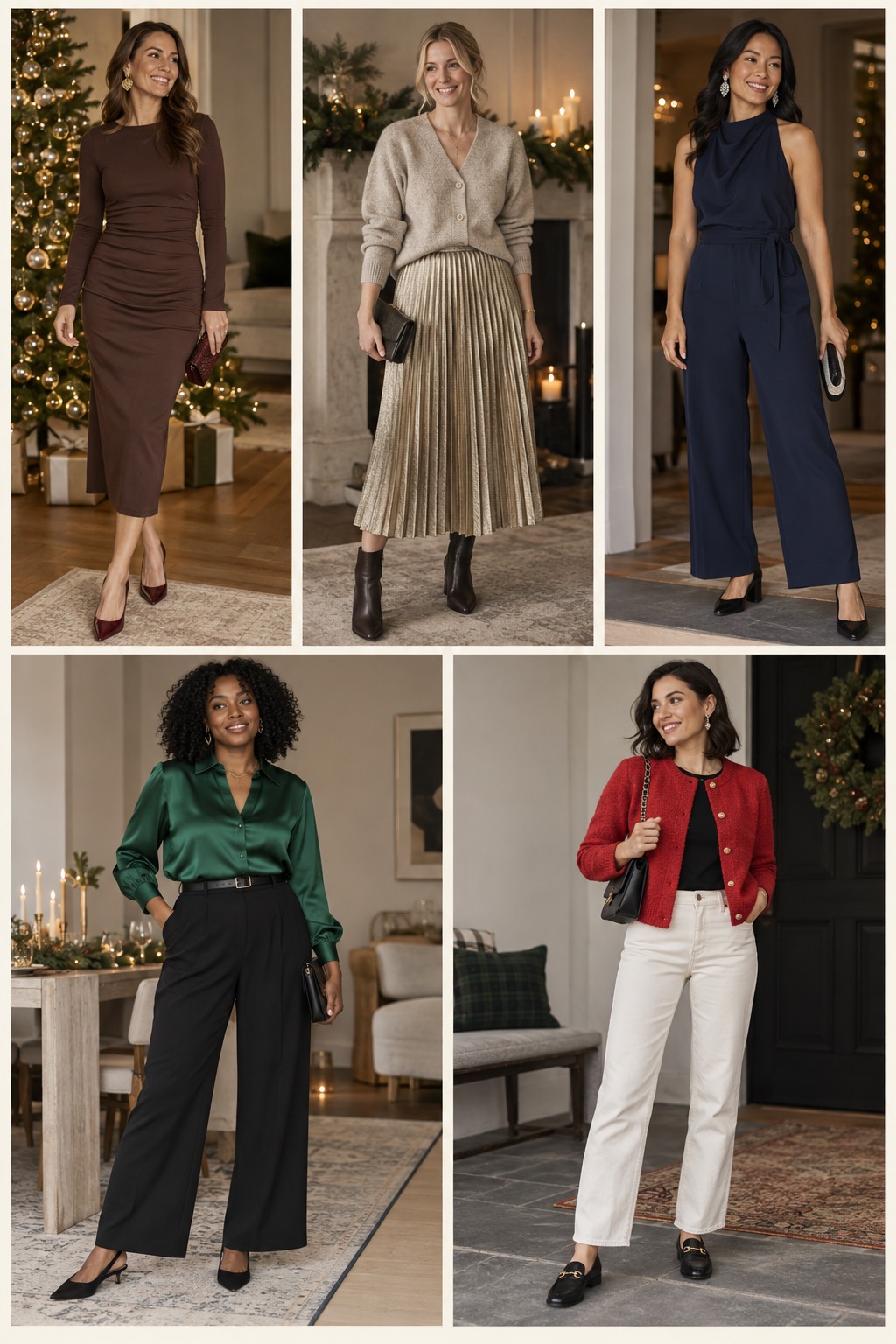 Five examples of Christmas Eve outfits with polished winter styling.