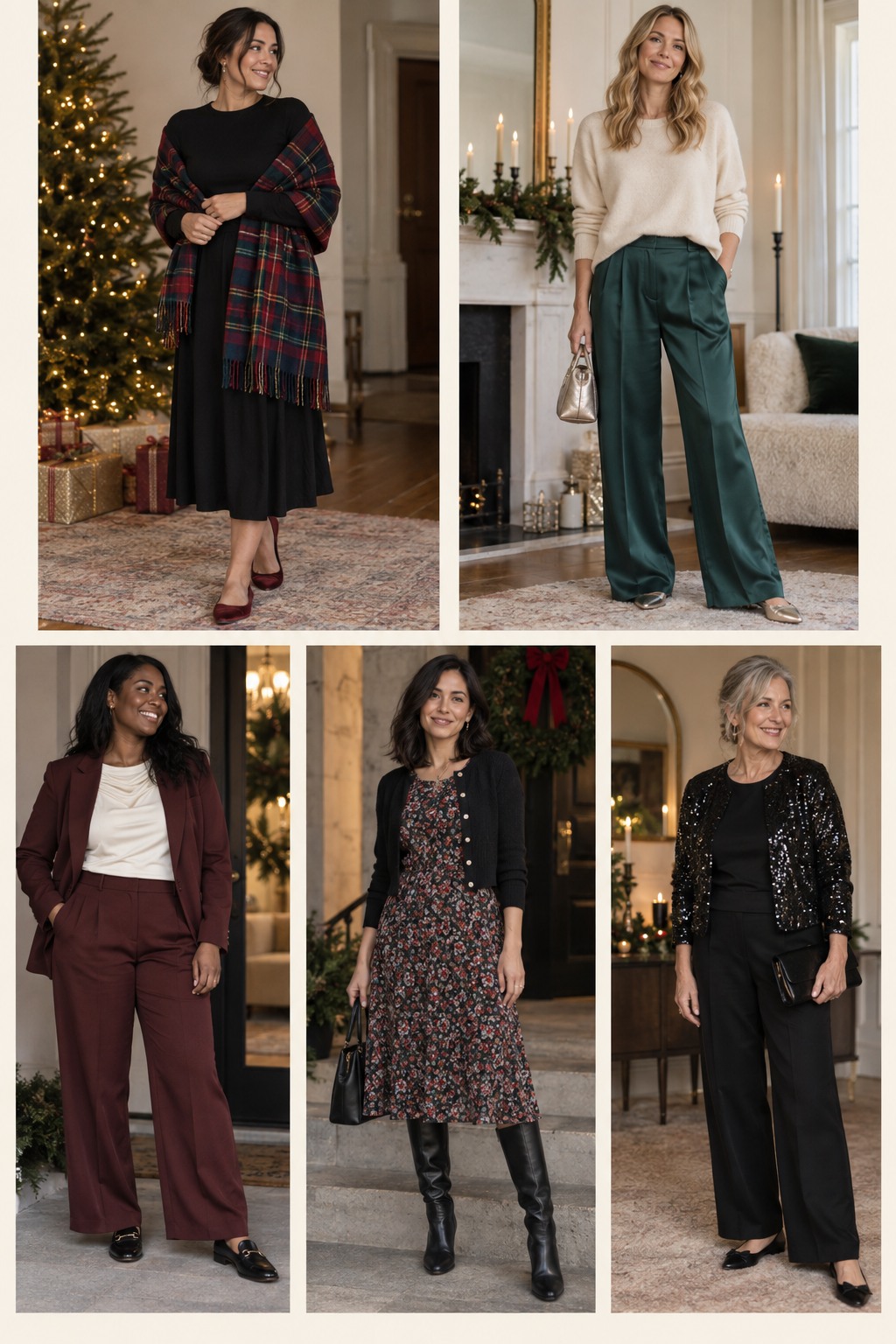 Five examples of Christmas Eve outfits with polished winter styling.