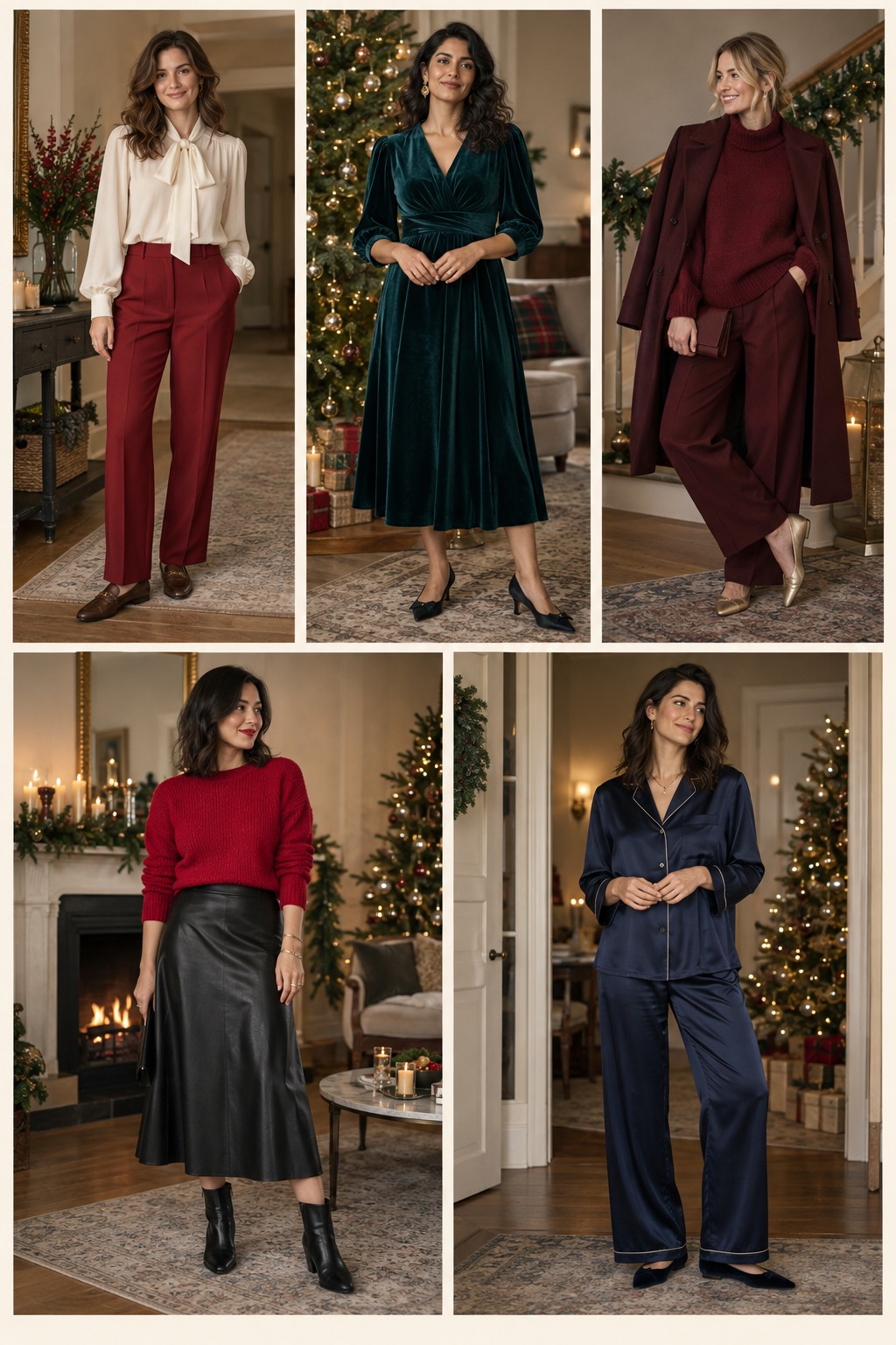 Five examples of Christmas Eve outfits with polished winter styling.