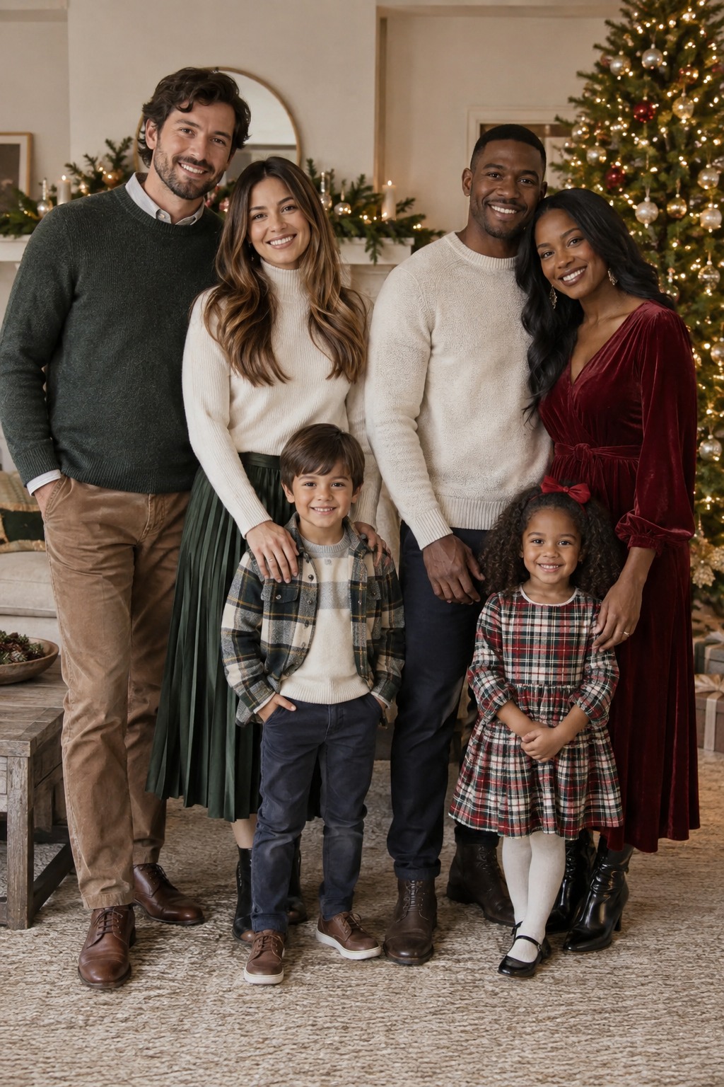Editorial scene featuring Christmas family photo outfits in a polished winter holiday setting.