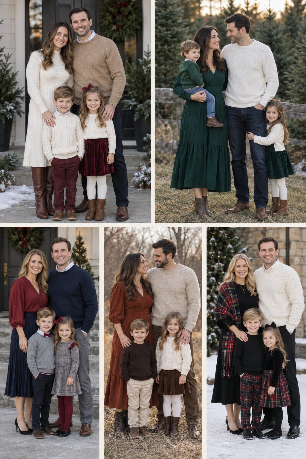 Five examples of Christmas family photo outfits with polished winter styling.