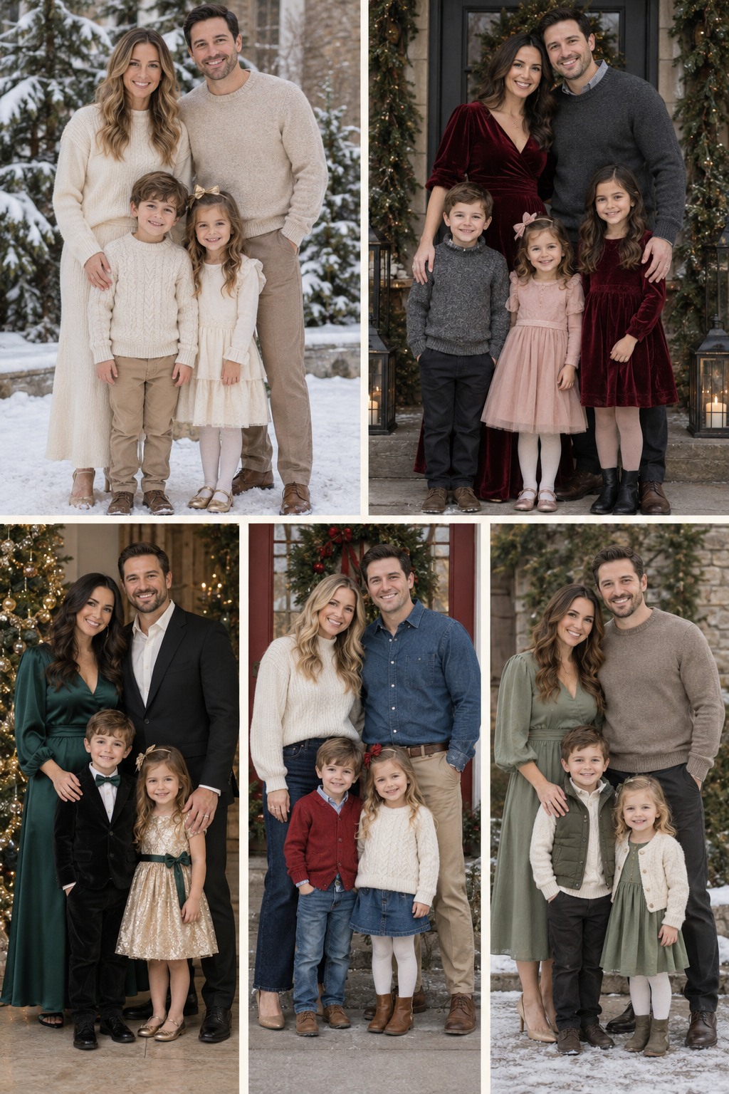 Five examples of Christmas family photo outfits with polished winter styling.