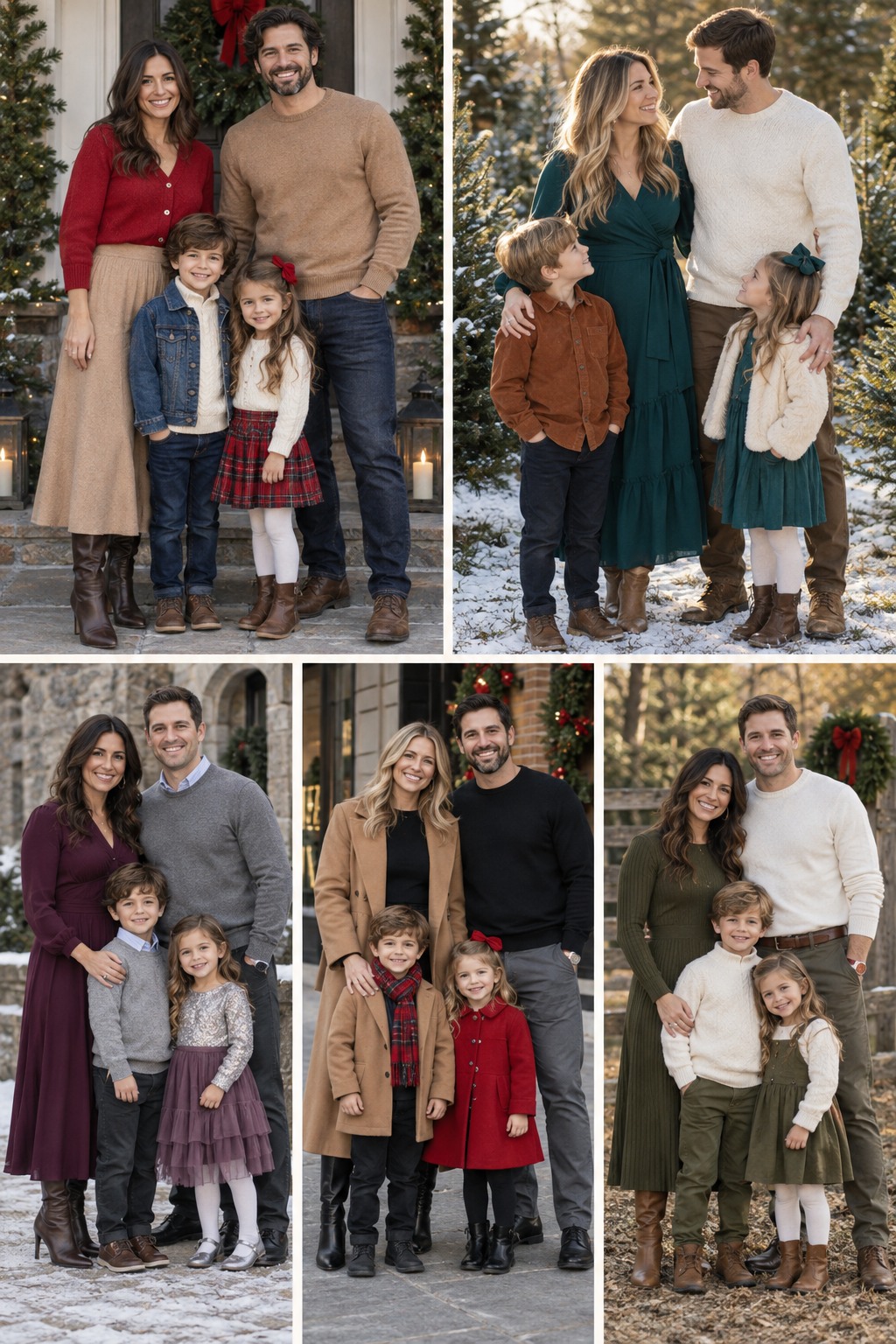 Five examples of Christmas family photo outfits with polished winter styling.