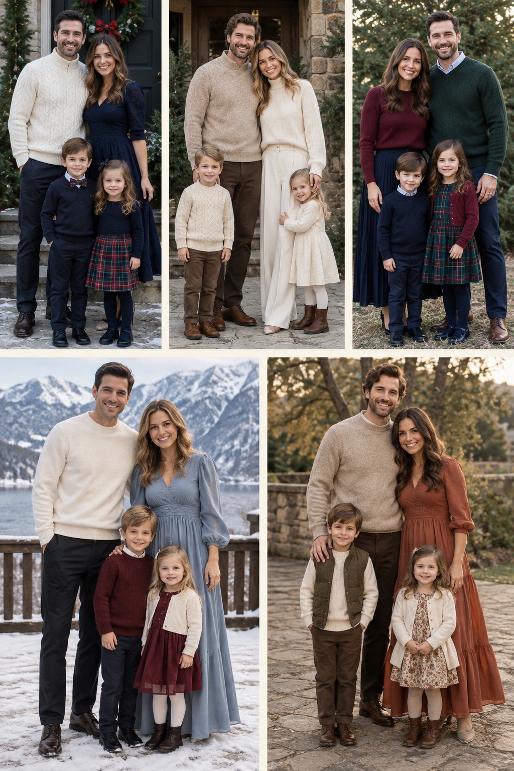 Five examples of Christmas family photo outfits with polished winter styling.