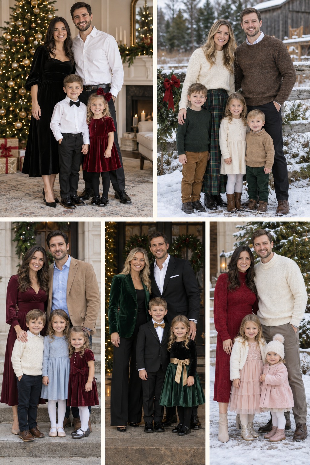 Five examples of Christmas family photo outfits with polished winter styling.